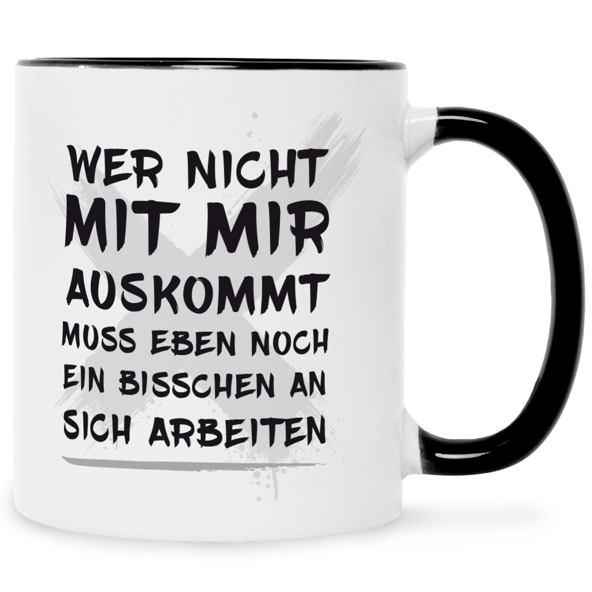 GRAVURZEILE Tasse Bedruckte Tasse mit Spruch – Wer nicht mit mir auskommt - Lustige Geschenke - für Mama Papa Freunde Geburtstag Muttertag Vatertag Weihnachten - Männer & Frauen - Sie & Ihn Schwarz Weiß