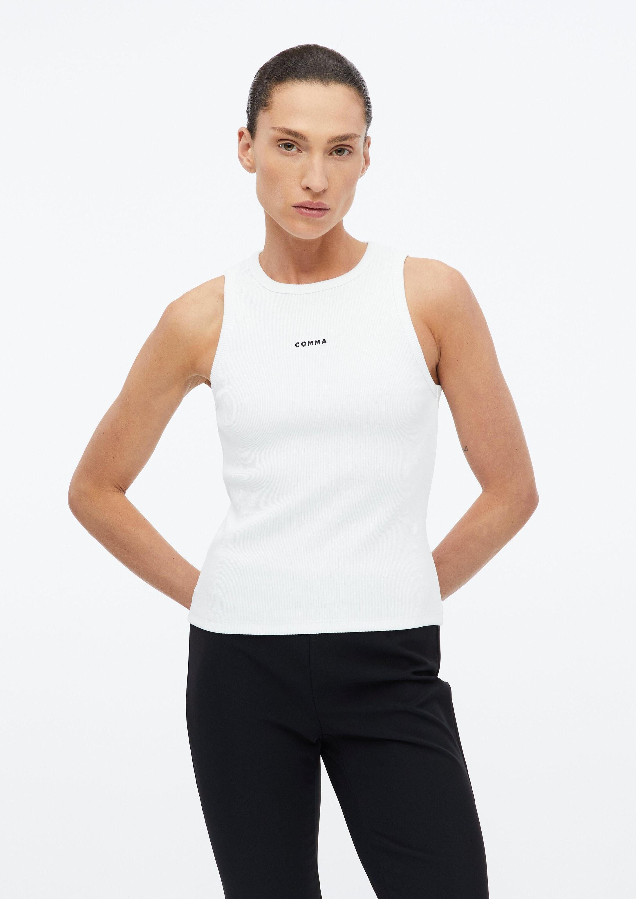 comma Muskelshirt T-Shirt Geripptes Top mit Logostickerei