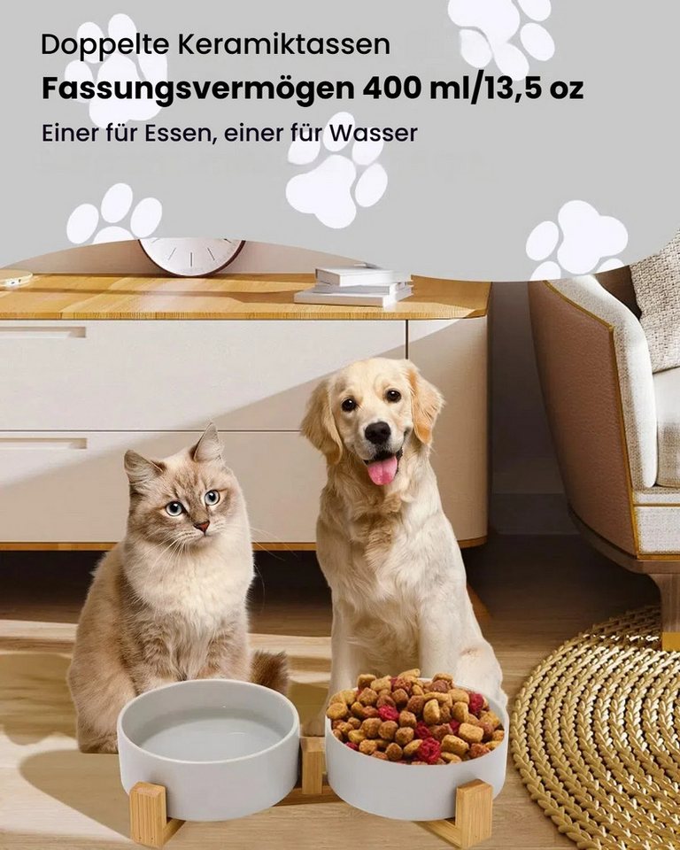 Thumbnail - LEAZZLE Napf Futternapf Hund Keramik Futternapf 400ml, Grau, Doppelt Futternapf mit Bambus Ständer & Rutschfester Unterl...