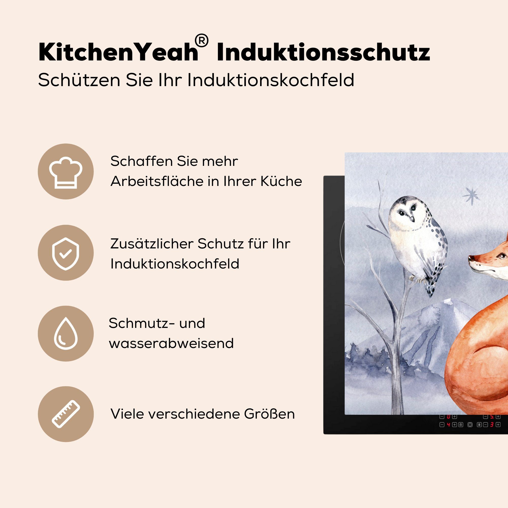 küche, tlg), Fuchs, Vinyl, Induktionskochfeld Eule Herdblende-/Abdeckplatte Schutz Ceranfeldabdeckung MuchoWow Winter 81x52 - die cm, für - - (1 Hirsch