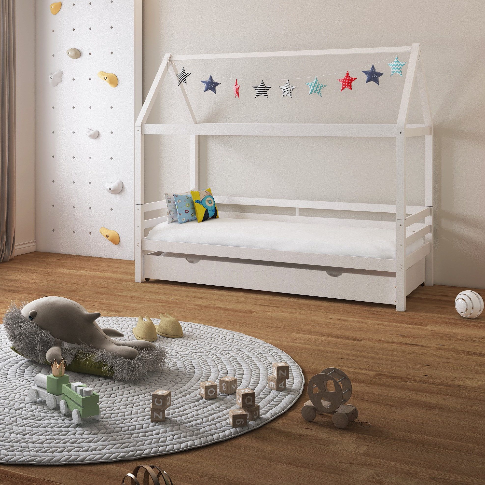 loft24 Hausbett Allie - Bett Bettgestell Kinderbett Bettrahmen Holzbett Ausziehbett, mit Bettkasten, Kiefer Massivholz, Landhausstil