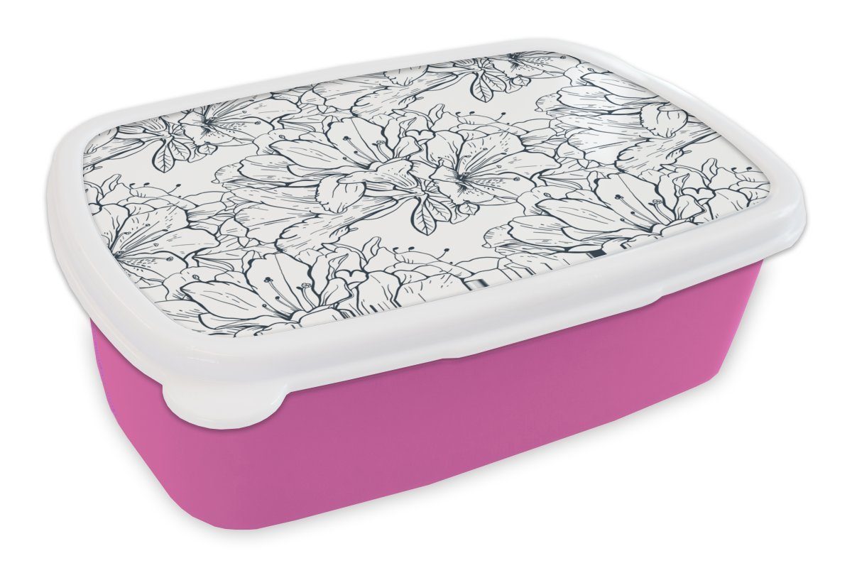 Blumen Brotbox Linie, - Erwachsene, Mädchen, für Brotdose MuchoWow - rosa Kunststoff (2-tlg), Muster Snackbox, Kunststoff, Lunchbox Kinder,