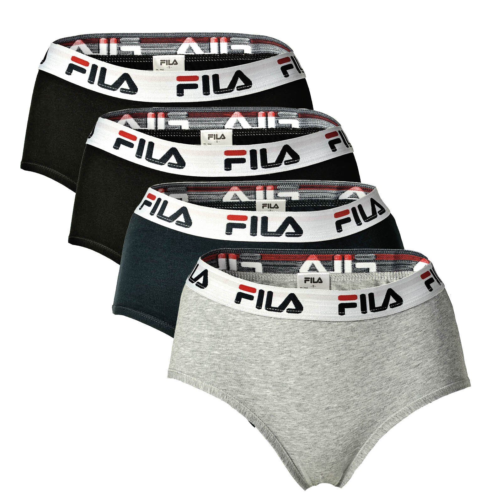 Fila Panty Damen Hipster - Logo-Bund, Slip, Cotton 4er Schwarz/Grau/Marine Pack