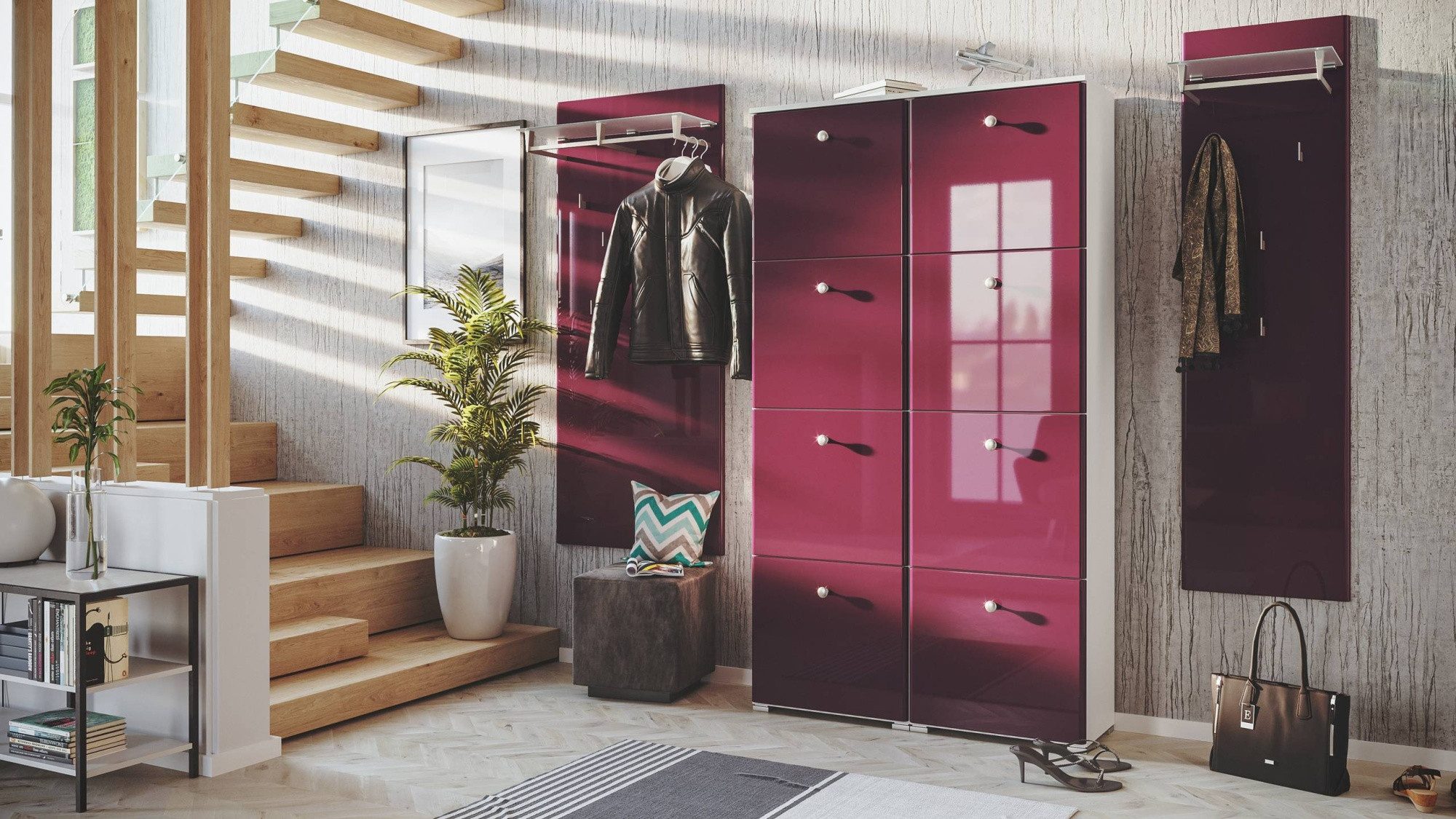 Magnolia Home Garderoben-Set Garderobe Set 106 Visalia 3 tlg Schuhschrank 8 Klappen 32 Paar Weiss-B