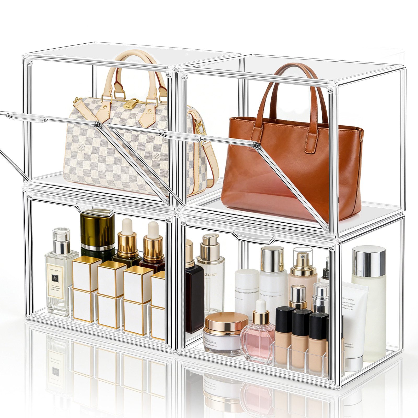 XERSEK Vitrine Transparent Displaybox mit Magnettür, Acryl Schaukasten Organizer (4 Set] 36×22×27cm Stapelfähig, Horizontal oder Vertical Platzierbar) Acryl-Vitrine für Figuren, Handtaschen, Spielzeug, Handwerk, Bücher