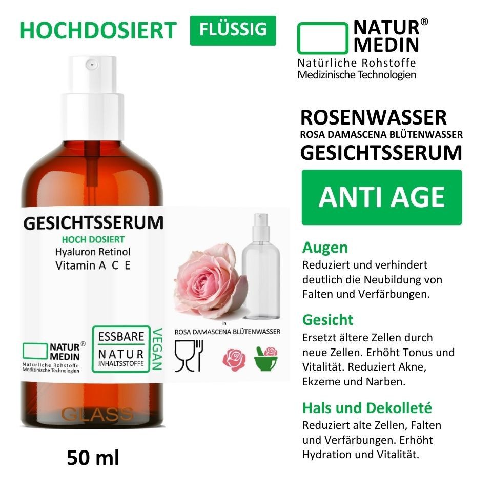 Naturmedin Gesichtsserum Gesichtsserum Rosenwasser Hyaluron Vitamin A C E 50ml