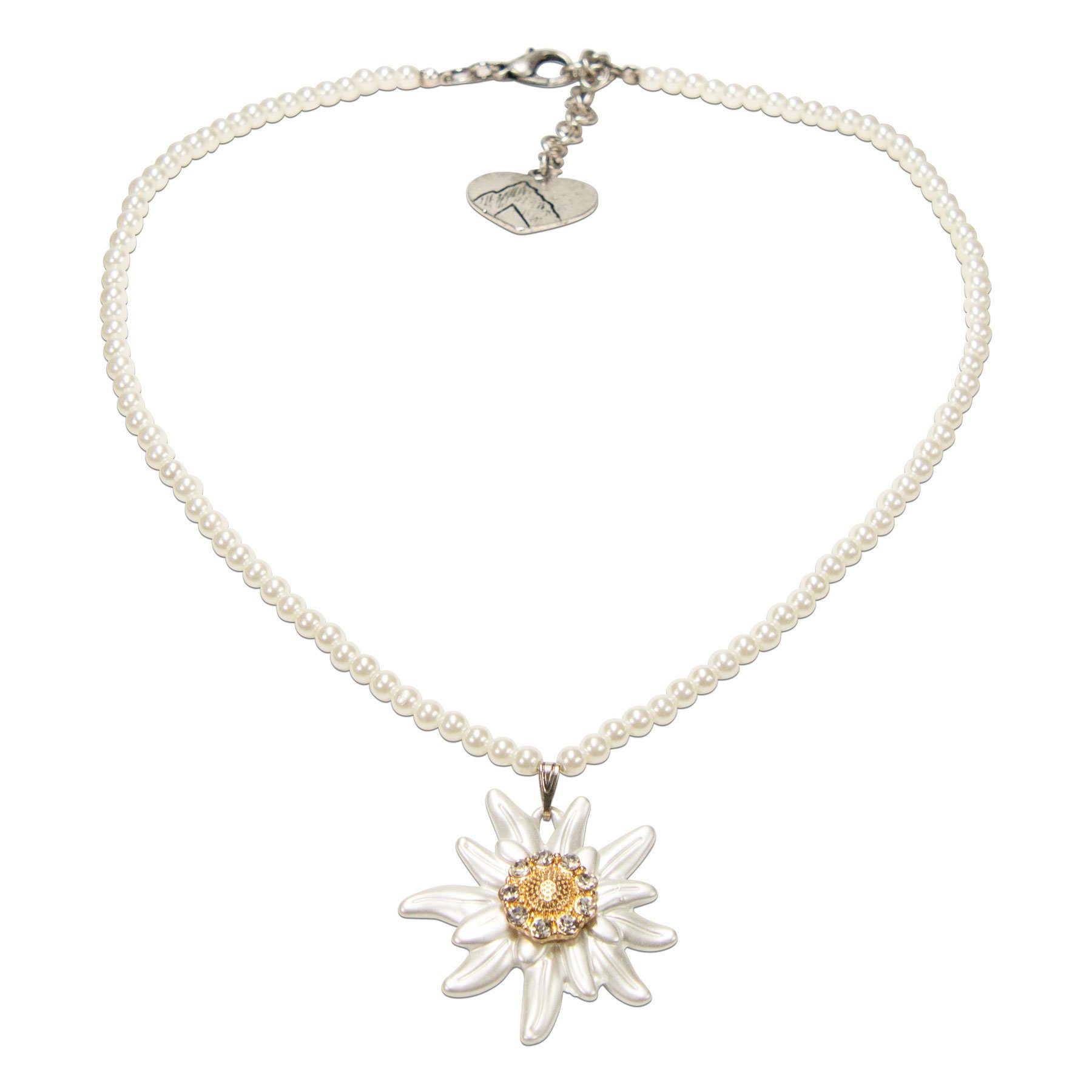 Alpenflüstern Collier Perlen-Trachtenkette Greta mit Strass-Edelweiß groß (creme-weiß), - Damen-Trachtenschmuck Dirndlkette
