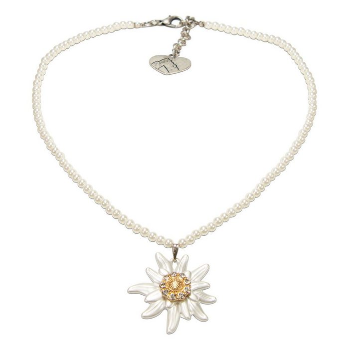 Alpenflüstern Collier Perlen-Trachtenkette Greta mit Strass-Edelweiß groß (creme-weiß) - Damen-Trachtenschmuck Dirndlkette