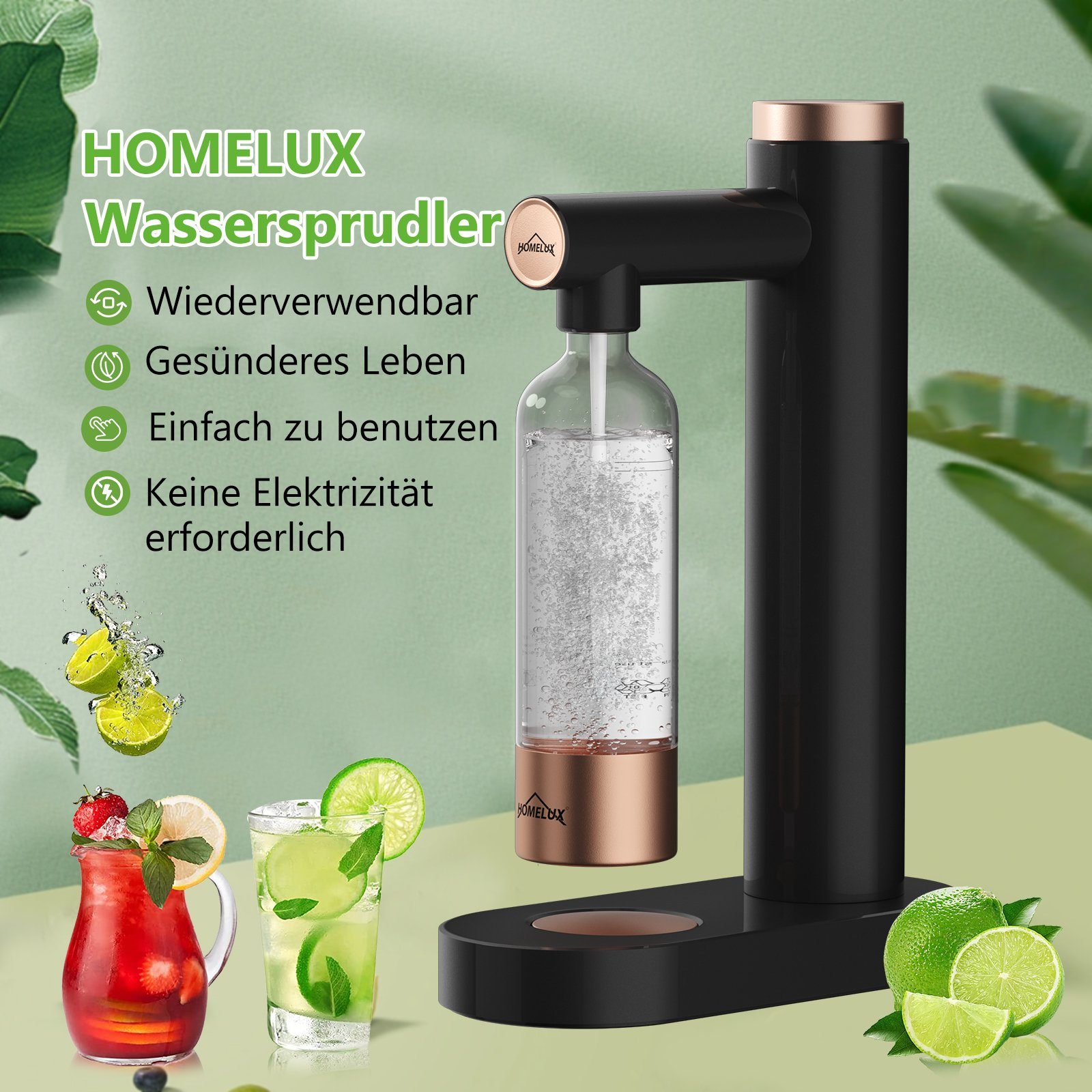HOMELUX Wassersprudler Sprudelwasser Maschine mit 1L PET-Flaschen Bpa-Frei, (2-tlg), Soda Maker, Wasser Sprudel GeräT, Water Carbonator