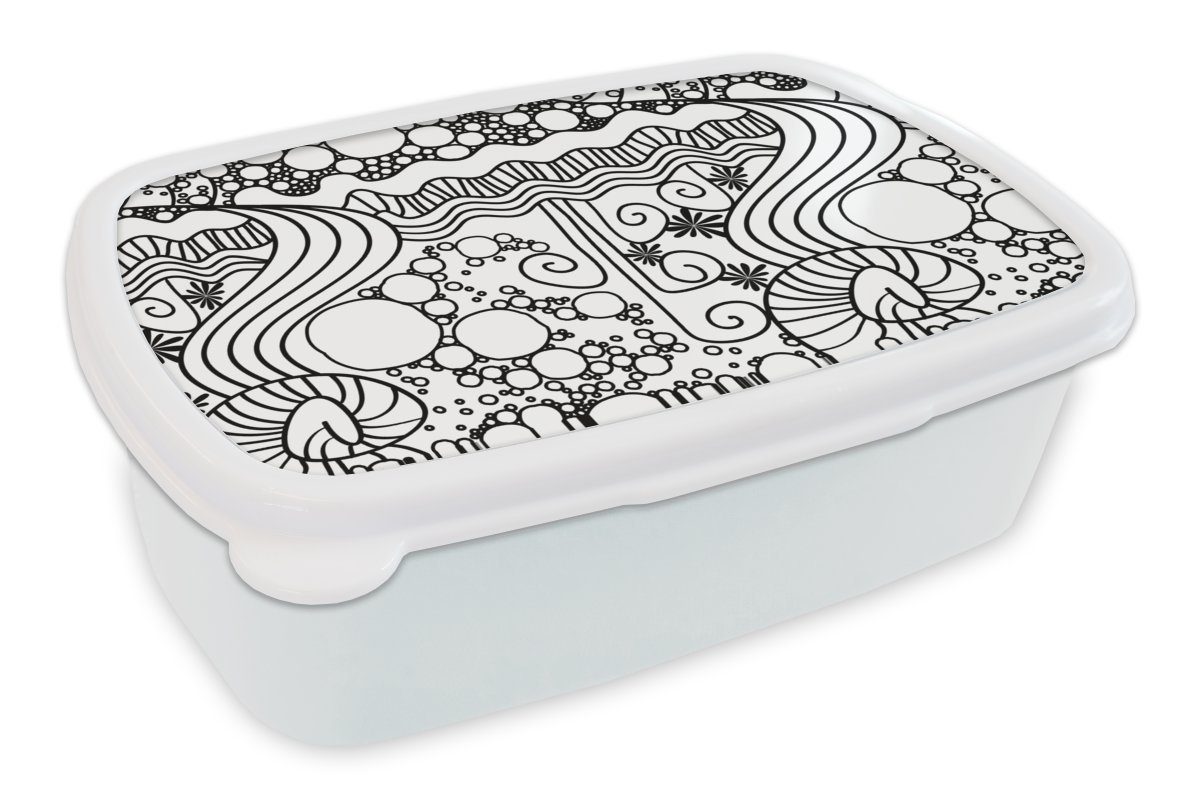 MuchoWow Lunchbox Muster - Abstrakt - Linienkunst - Schwarz und Weiß, Kunststoff, (2-tlg), Brotbox für Kinder und Erwachsene, Brotdose, für Jungs und Mädchen