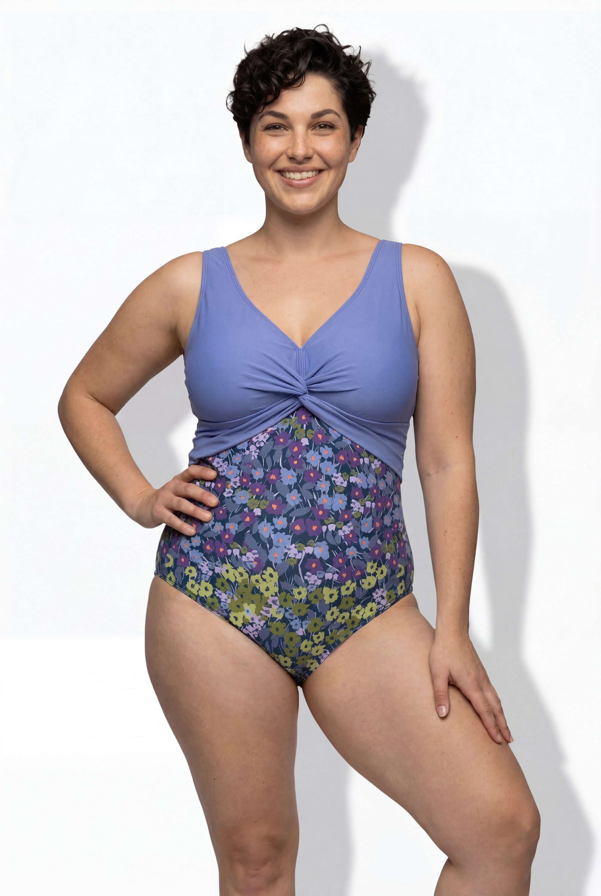 Ulla Popken Badeanzug Badeanzug Blüten Softcups Zierknoten recycelt