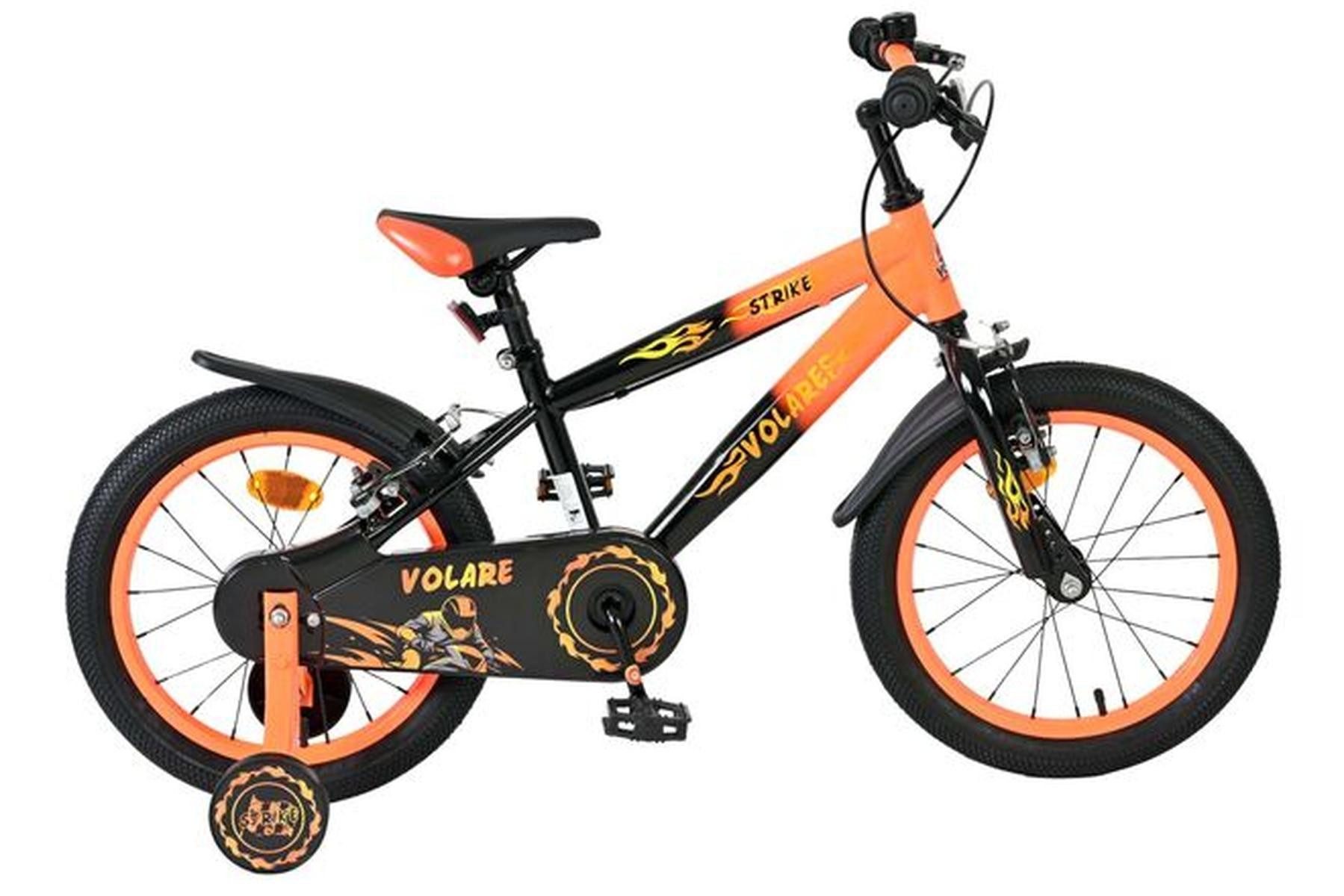 Volare Kinderfahrrad Strike Jungen 16 Zoll Schwarz-Orange mit zwei Handbremsen, abnehmbare Stützräder, geschlossener Kettenschutz, Klingel