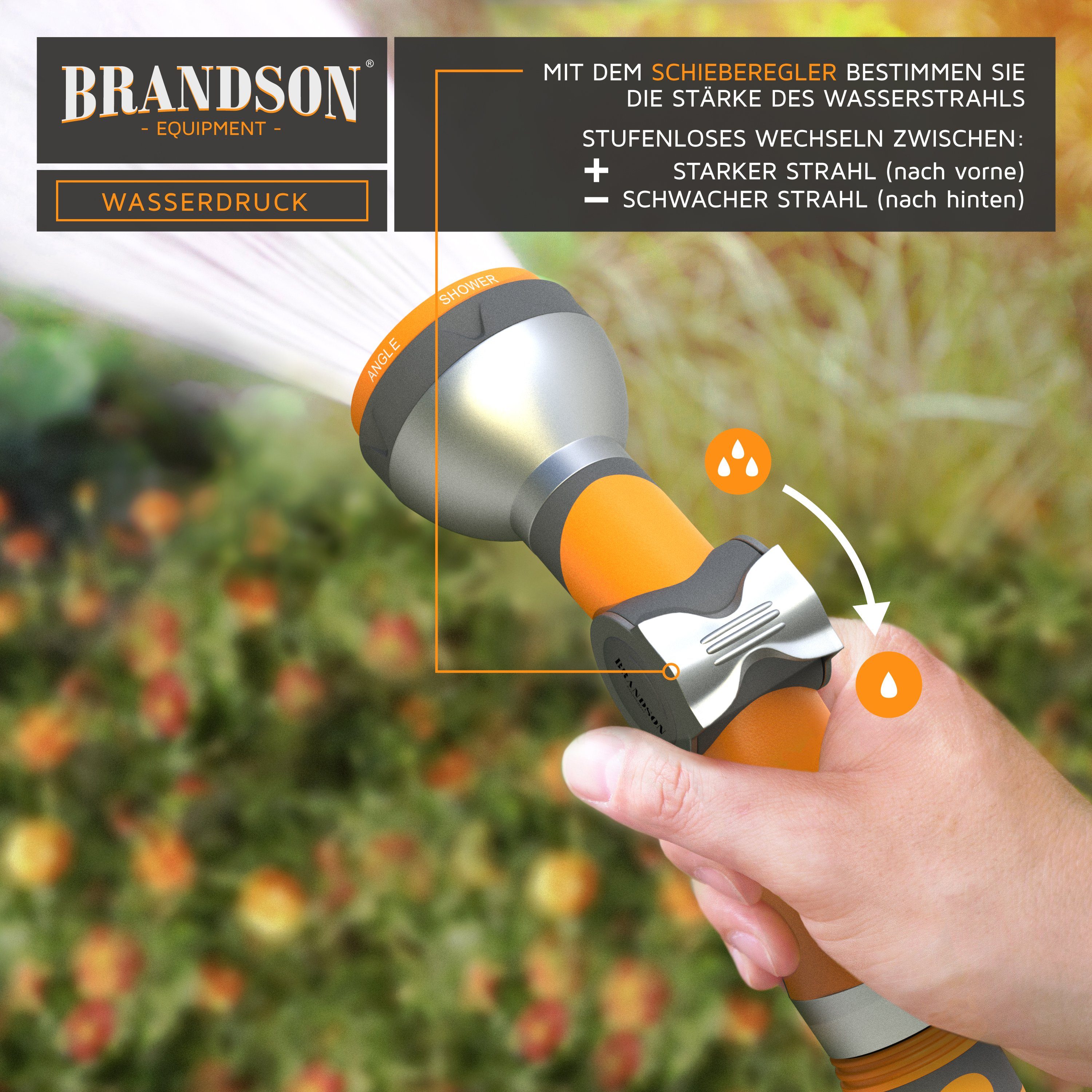 Brandson Multifunktionsbrause mit 7 Sprühprofilen, Garten Handbrause, Spritzpistole, Schnellkupplung, (inkl. Schlauchverbinder/Adapter mit Wasserstoppventil), Gartenbrause 3/4 Zoll, Durchfluss Schieberegler, bis 8 bar Wasserdruck