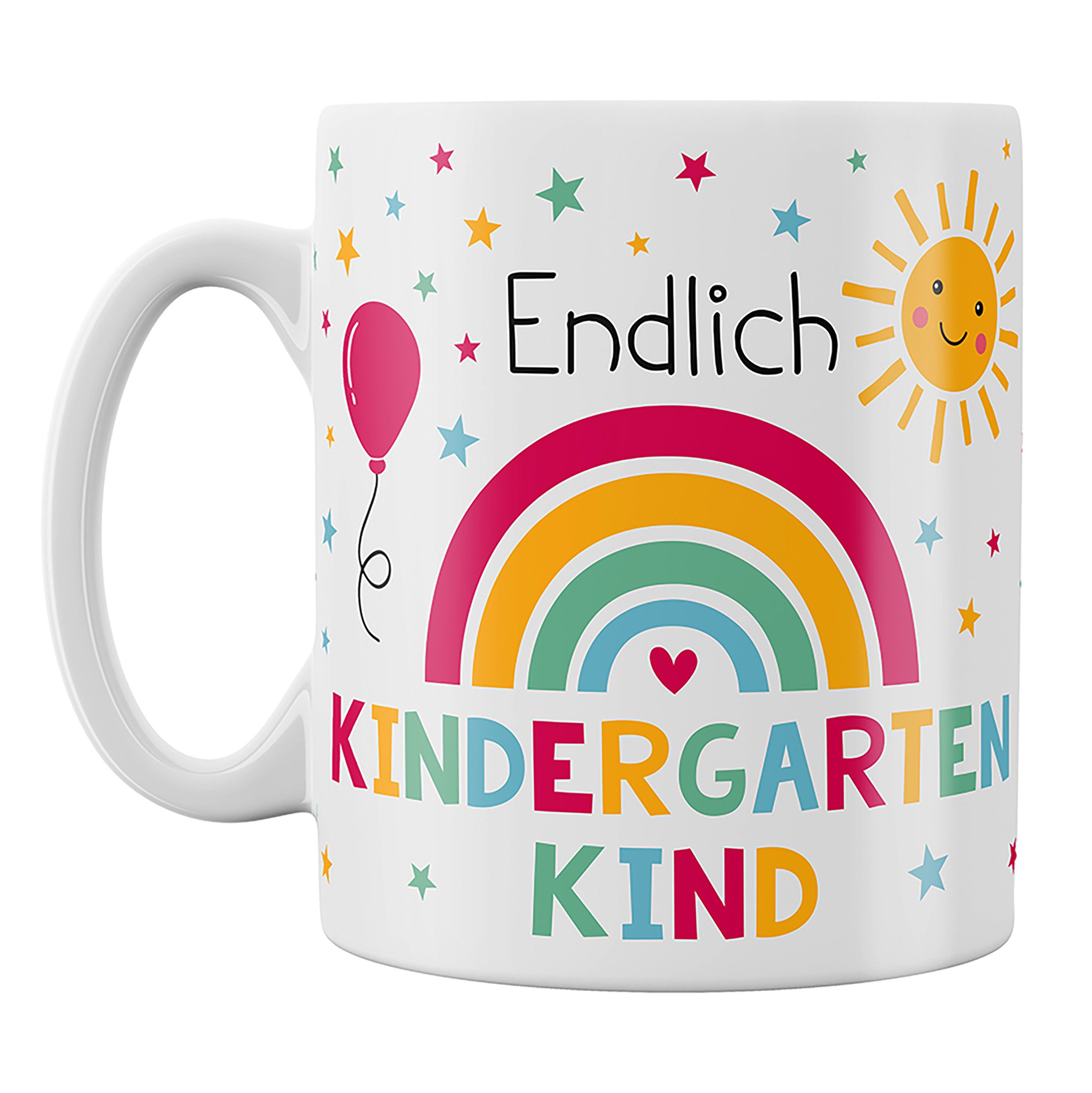 Annastore Tasse Kindertasse "Endlich Kindergarten Kind" Geschenk zum Kindergartenstart, Tasse aus Keramik, 300 ml, Spülmaschinenfest