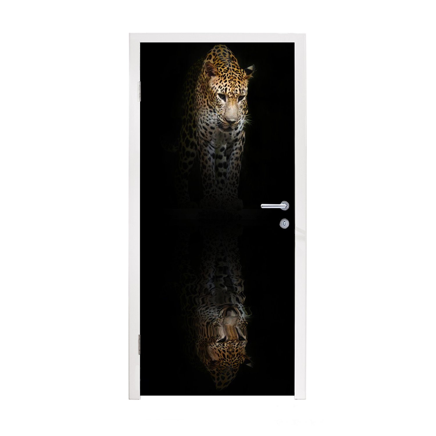 MuchoWow Türtapete Leopard - Reflexion - Schwarz, Matt, bedruckt, (1 St), Fototapete für Tür, Türaufkleber, 75x205 cm