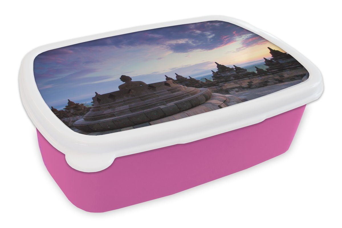 Kinder, Mädchen, Kunststoff, Snackbox, Erwachsene, Kunststoff rosa Brotdose (2-tlg), MuchoWow Borobudur für bei Brotbox Sonnenaufgang, Lunchbox