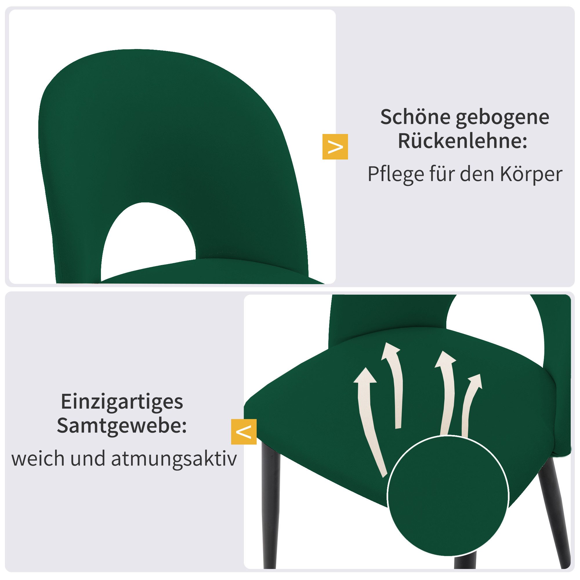Essgruppe, (117x68 cm Küchentisch mit 4x Polsterstühlen), mit Diamantmuster, Verstellbare Stuhlbeine, Samt Esszimmerstuhl