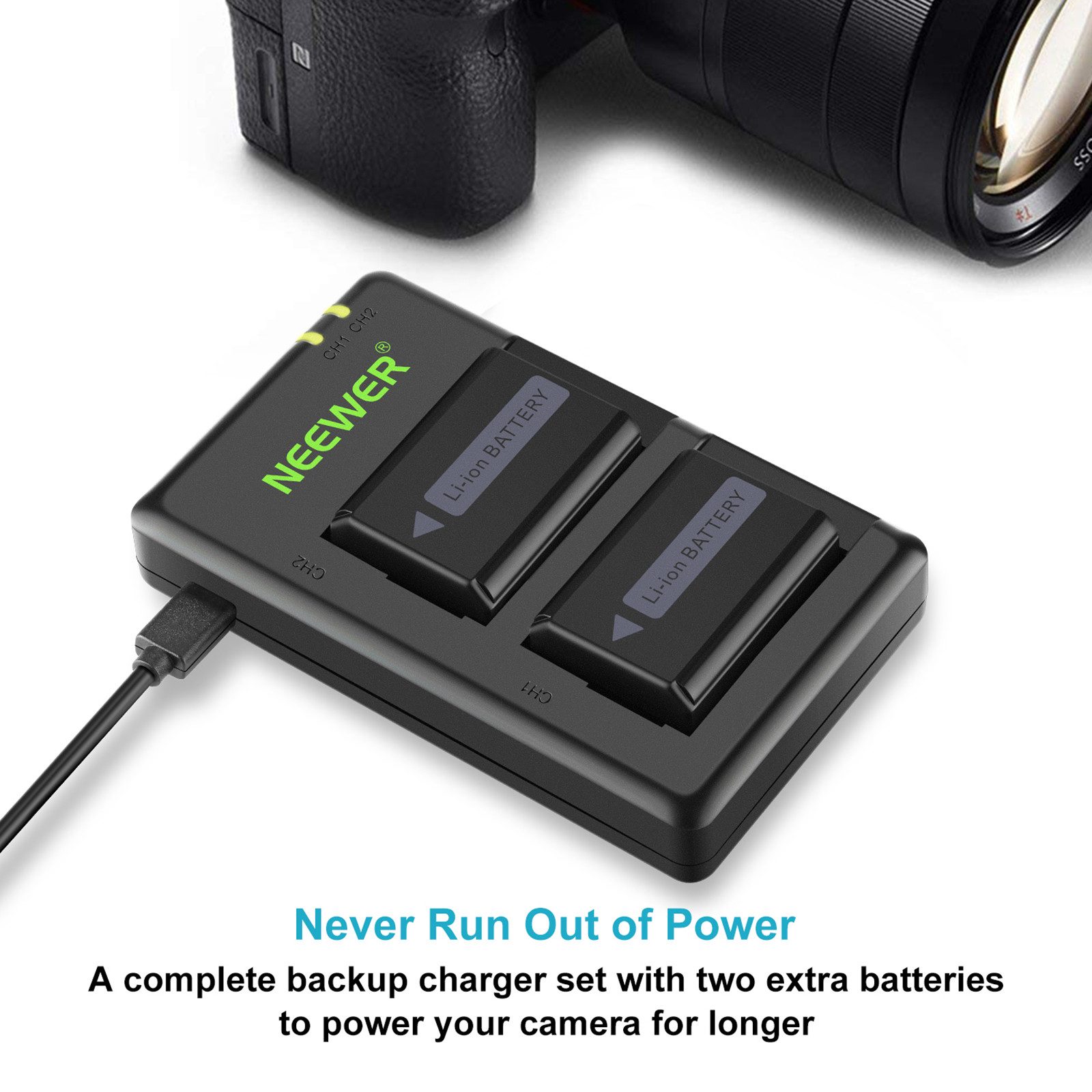 Neewer NP-FW50 2-Pack 1100mAh Camera Battery Charger Set, Micro USB Port Batterie-Ladegerät (Packung, Compatible with Sony ZV-E10, A7/A7R/A7 II/A6300/A3000, u.v – Bild 3 von 5