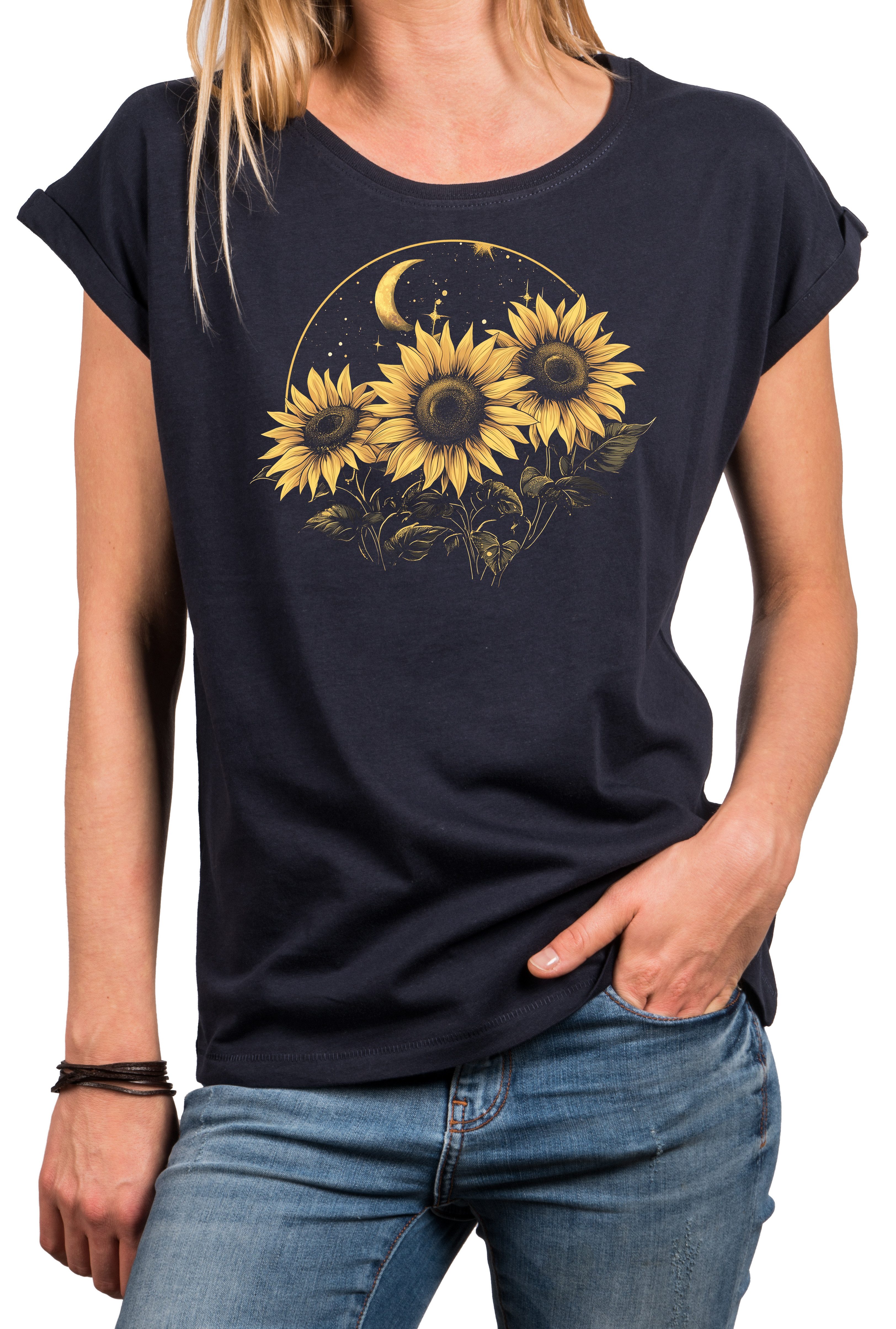 MAKAYA Kurzarmshirt Damen Blumenprint Sonnenblumen Mond günstig online kaufen