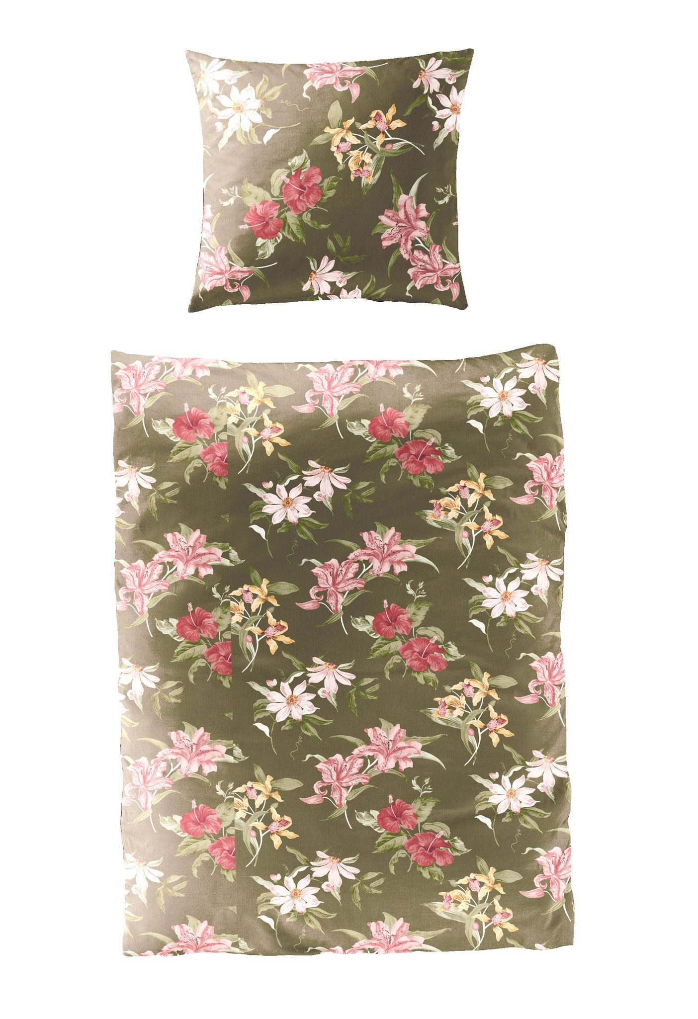 BIERBAUM Bettwäsche Bierbaum Mako Satin Bettwäsche 135x200cm 2 tlg. Blumen Oliv Grün Rot, Satin, 2 teilig, Feiner und weicher Griff, besonders atmungsaktiv, seidiger Glanz