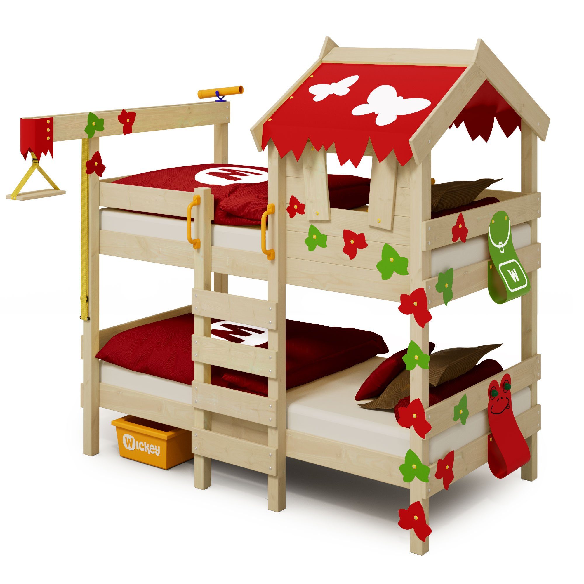 Wickey Kinderbett Crazy Ivy, Spielbett, 90 x 200 cm Hochbett (Holzpaket aus Pfosten und Brettern, Spielbett für Kinder), Massivholzbrett rot/apfelgrün