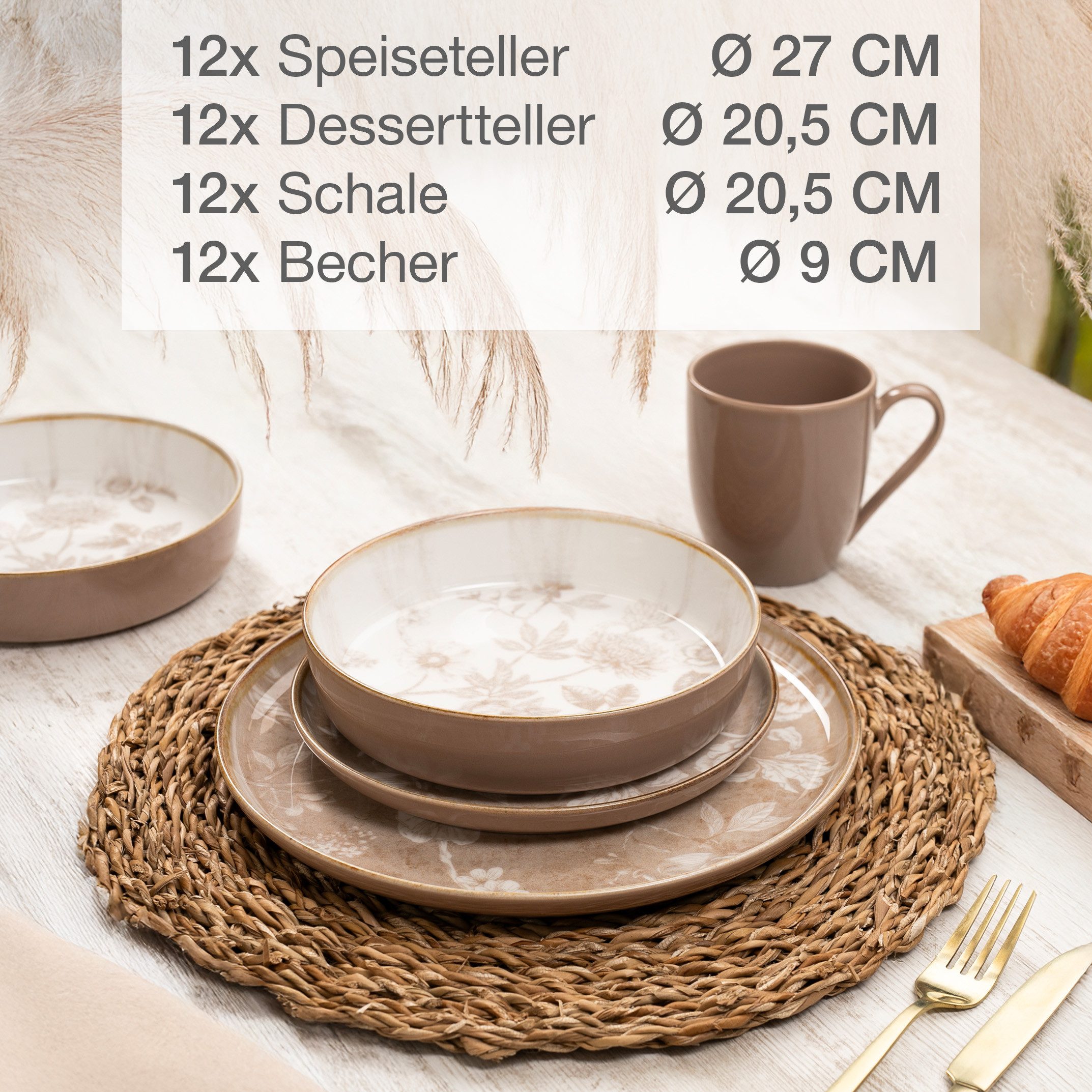Moritz & Moritz Tafelservice MARIELLA Geschirrset Beige für 12 Personen (48-tlg), 12 Personen, Steinzeug, Geeignet für Spülmaschine & Mikrowelle