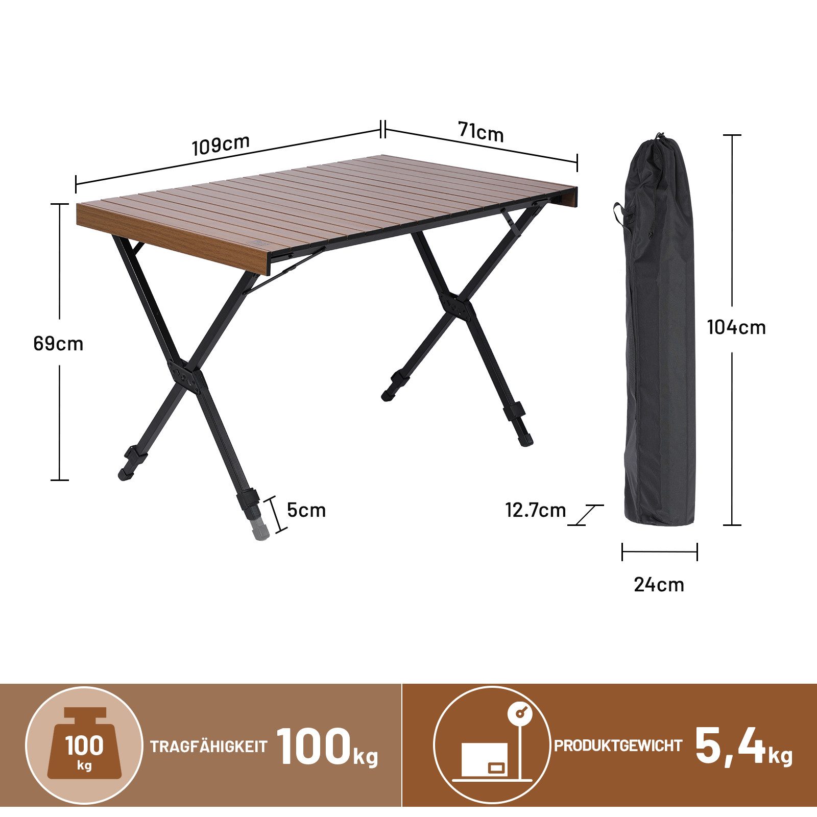 TIMBER RIDGE Campingtisch Klappbar Tisch, 100 kg Tragkraft & höhenverstellbar Ultraleichtes Alu (1-St), aus rostfreiem Aluminium, 109x71×69cm