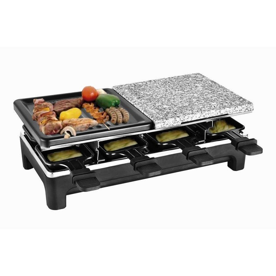 KESSMANN Raclette Raclette Grill mit Pfännchen elektrisch 8 Personen Inkl.  8 Spachteln &, 8 Raclettepfännchen, 1200,00 W, Grill & Granit Platte  antihaft Grillplatte mobil Campinggrill Pfanne