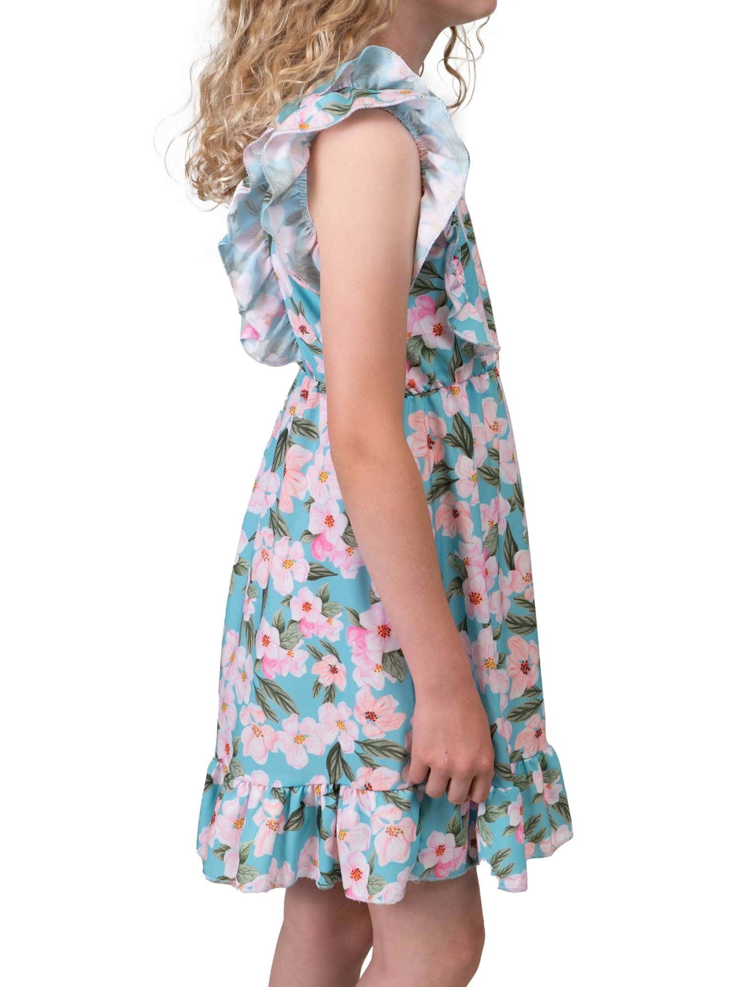 mit zu bequem Mädchen Blumenmotiv (1-tlg) Türkis Sommerkleid Kleid Volants 30384 KMISSO tragen