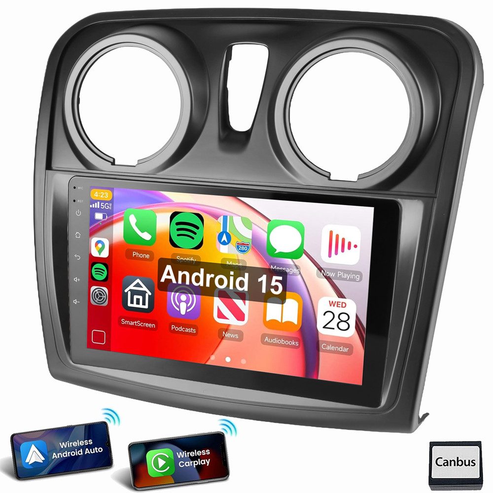ESSGOO Für Renault Dacia Logan Sandero Carplay Autoradio Android 15 Autoradio (FM, AM, Apple Carplay Android Auto GPS Navi WIFI BT)