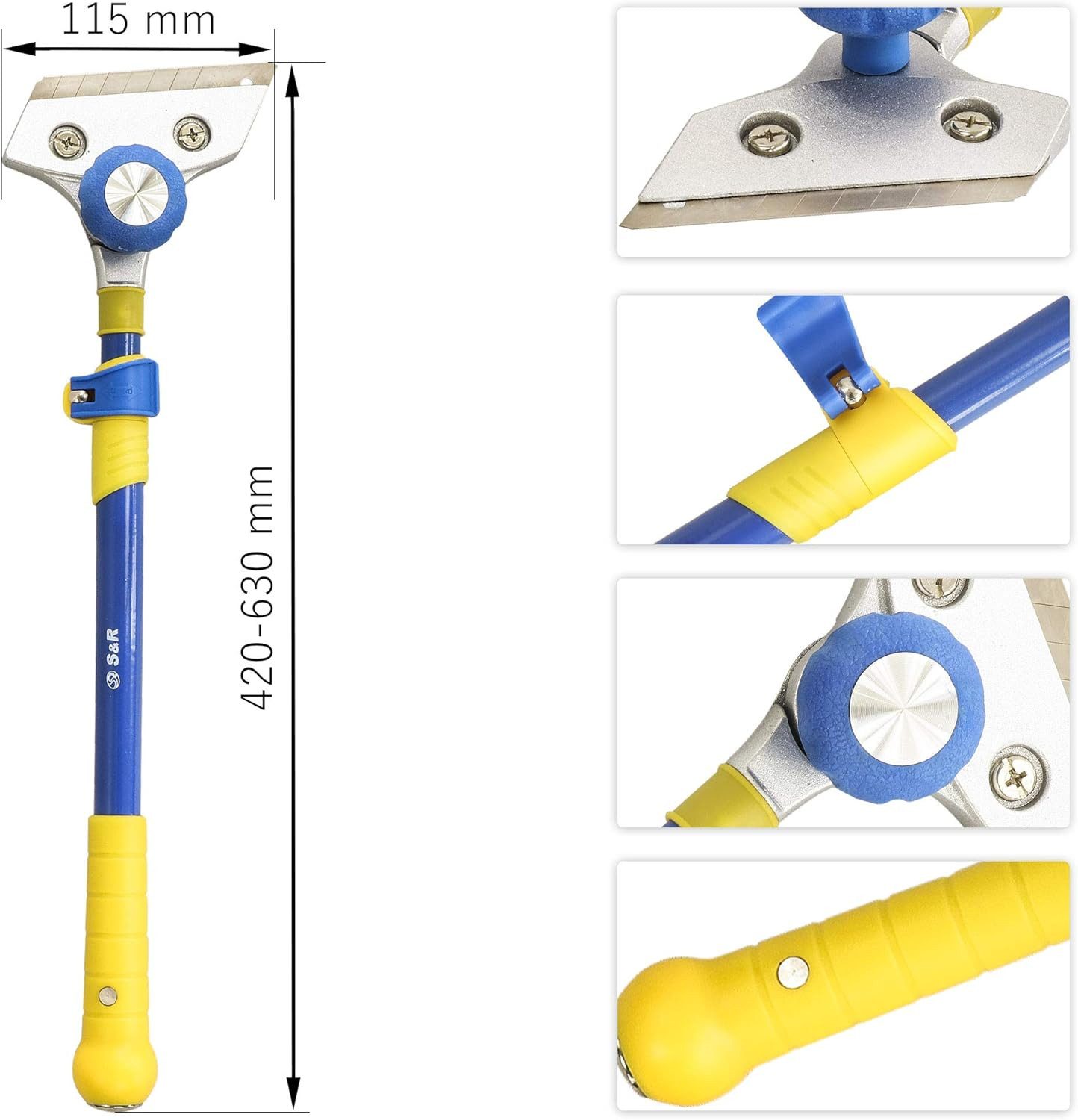 S&R Universalschaber TELESKOP 420 mm - 630 mm, verstellbare Kopf-Ausrichtung Tapetenlöser, scharfe und präzise SK5 Carbonstahl Klinge 100 mm