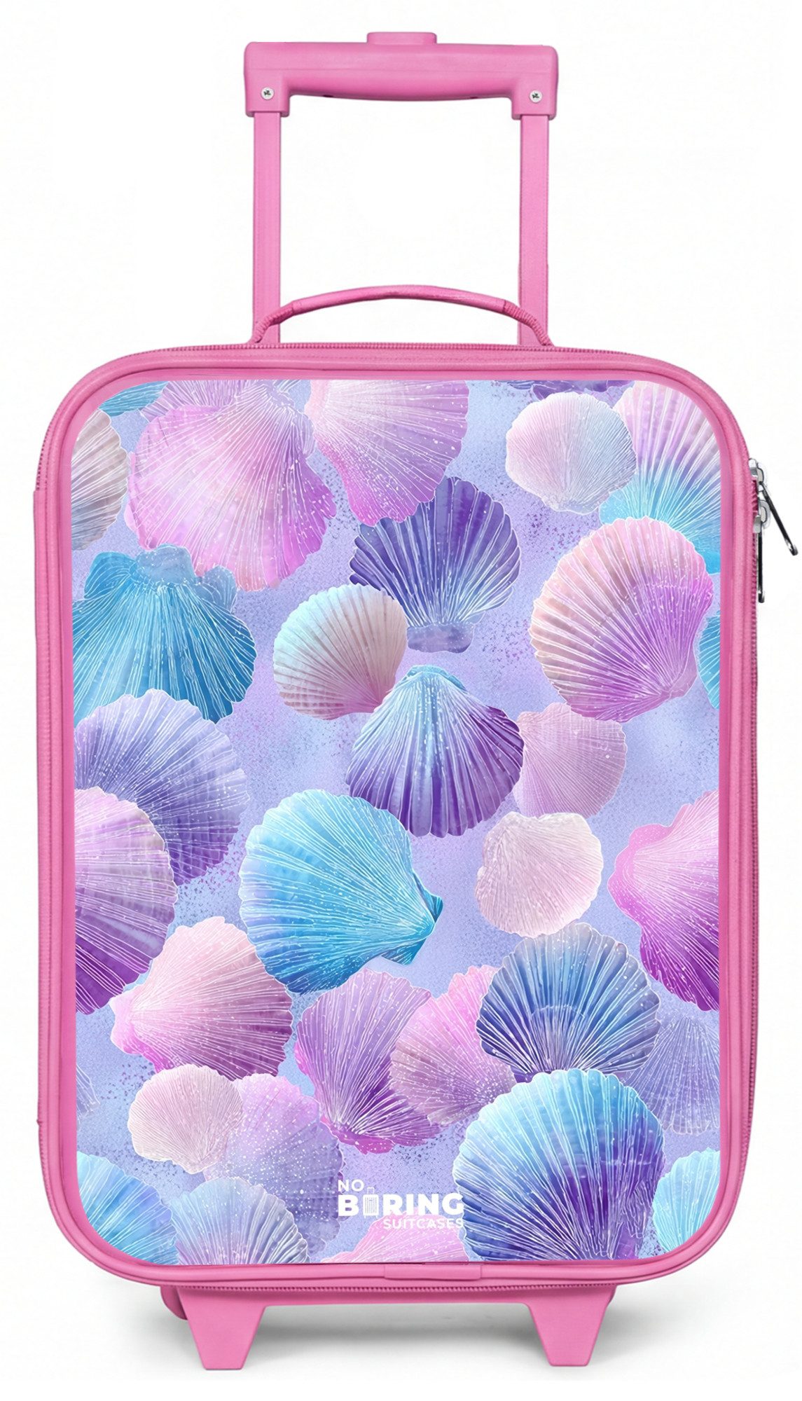 Kinderkoffer Rosa - mit leuchtende Räder - Bunte Muscheln auf lila Hintergrund