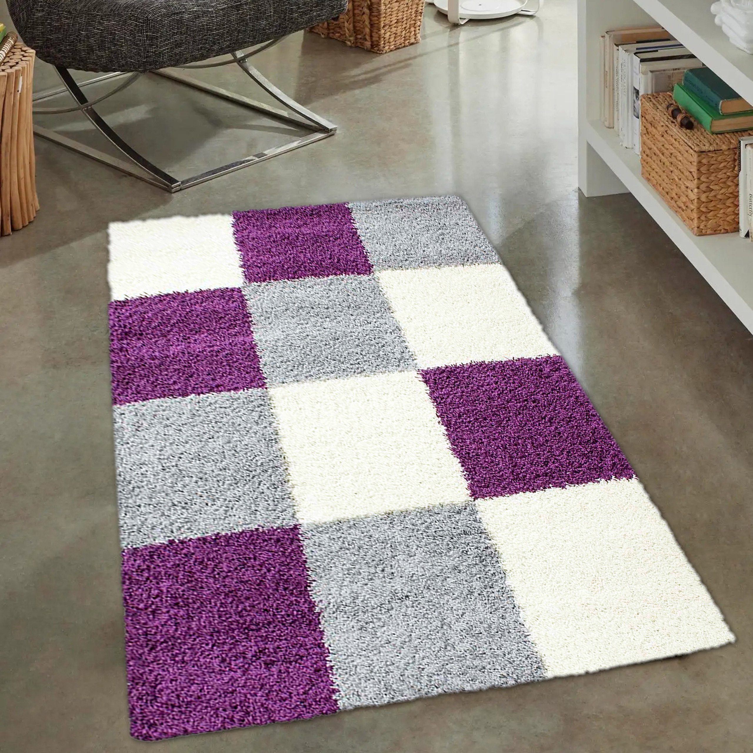 Carpetia Teppich Hochflor Shaggy Teppich Karomuster lila grau creme, rechte günstig online kaufen