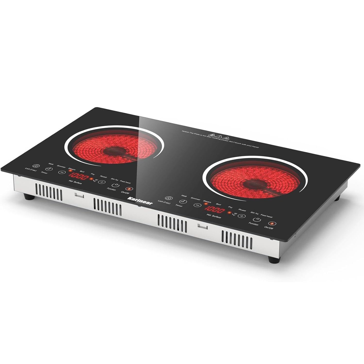 Karinear Induktions-Kochfeld Glaskeramikkochfeld 2 Platten mit Stecker, Keramik Kochfeld Kochplatte 2er Freistehend, 220-240V