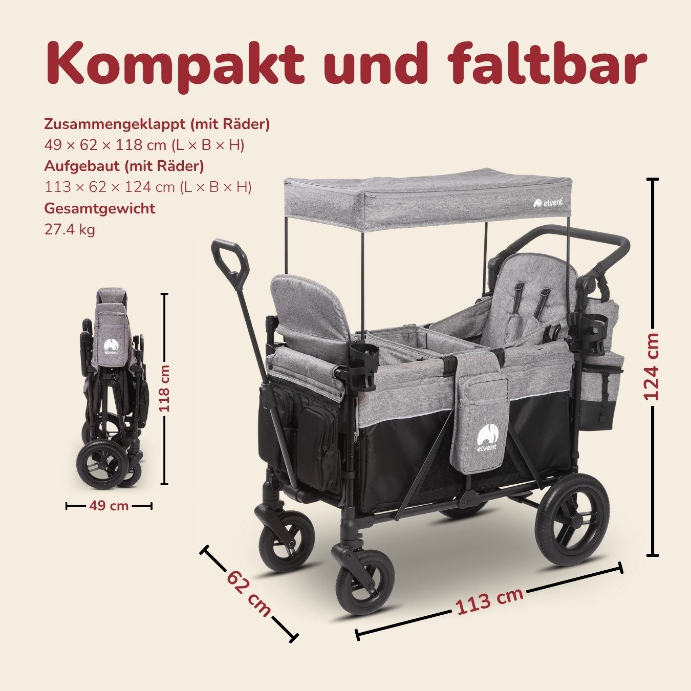 elvent Bollerwagen ComfortPlus 2, Kompakt faltbar, Für bis zu 2 Kinder, Ideal für Ausflüge und Alltag