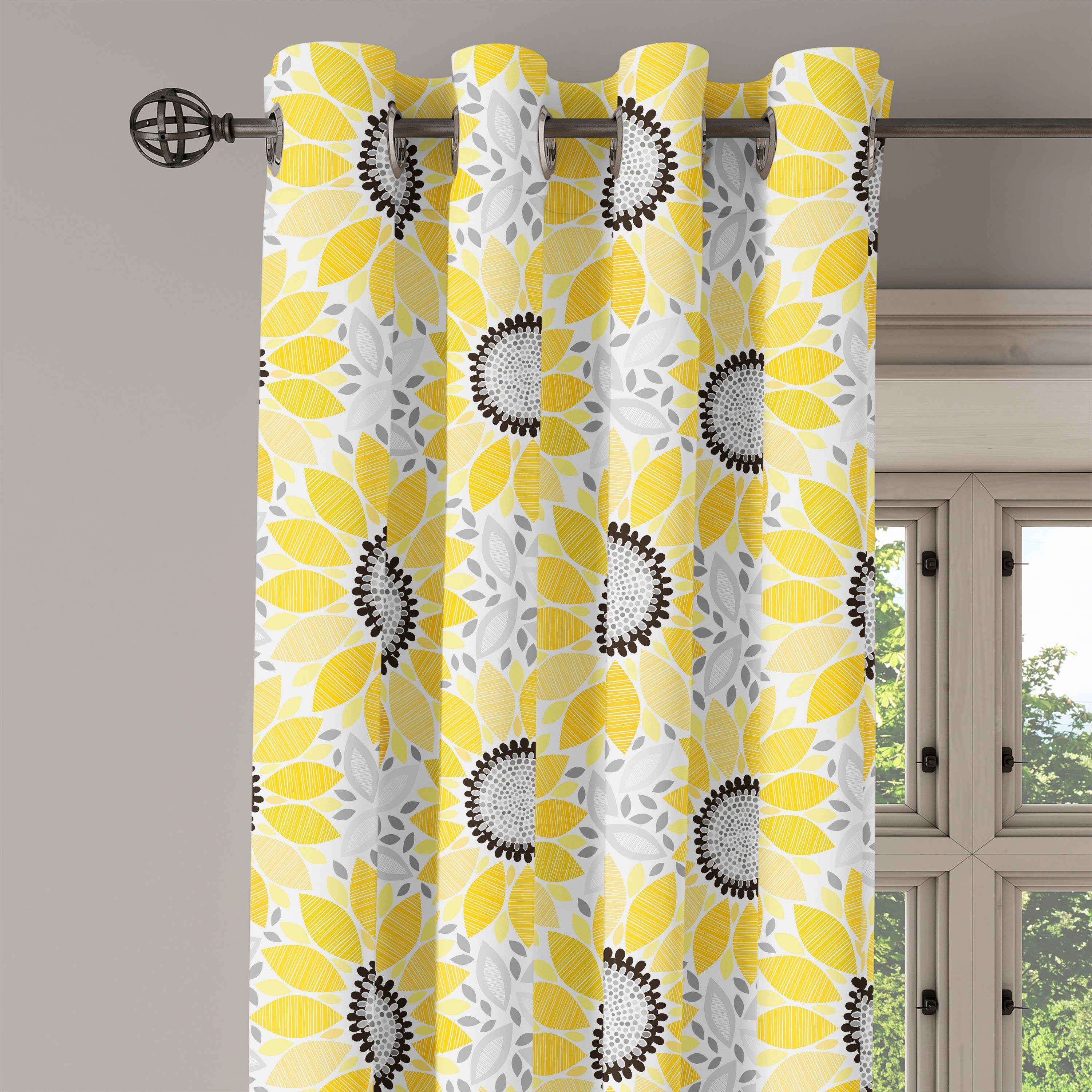Wohnzimmer, für Abakuhaus, 2-Panel-Fenstervorhänge Schlafzimmer Gardine Gelb Sun-Blumen-Natur-Kunst Dekorative