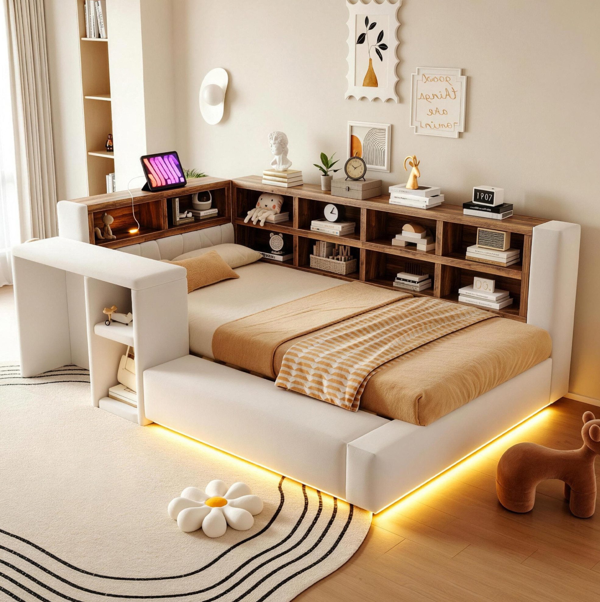 OKWISH Polsterbett Schlafsofa (Funktionsbett mit LED-Beleuchtung – 90 x 200 cm, mit gepolstertem Kopfteil, integrierten Steckdosen, Beistelltisch und mehrstufigen Ablagefächern, Daybett Tagesbett), ohne Matratze
