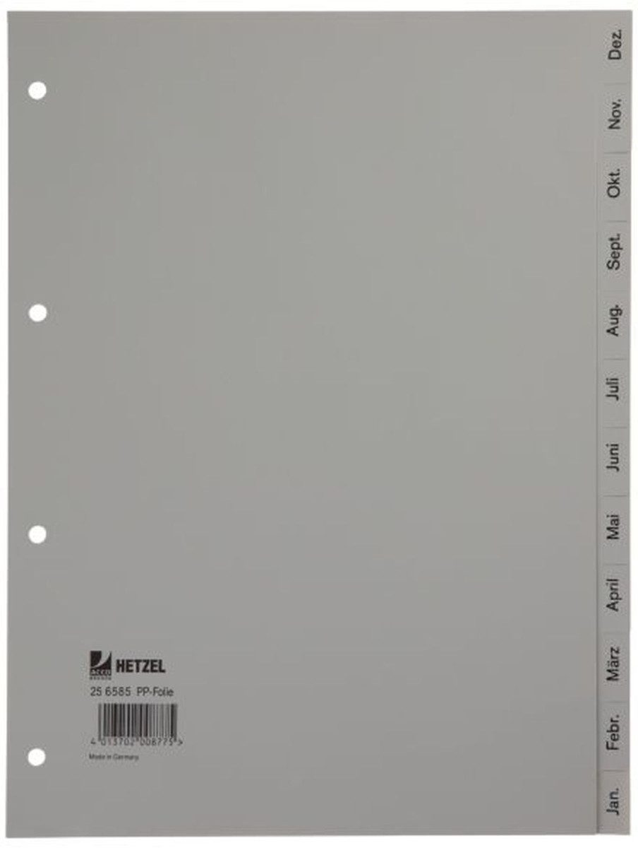 HETZEL Aktenordner Plastikregister Dez-Jan A4 PP 12 Blatt grau
