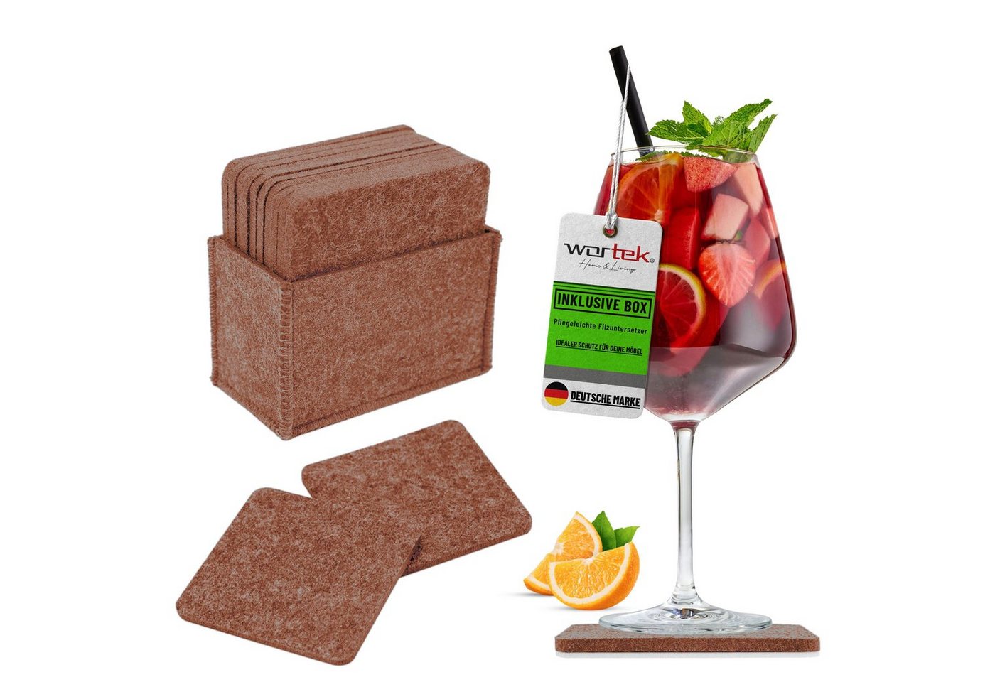 wortek Getränkeuntersetzer Filz-Untersetzer Eckig für Gläser 10er Set + Box, Zubehör für Tisch & Gläser, Set, 10-tlg., waschbare Getränke Glasuntersetzer Gläser, Tischuntersetzer Filz 10 cm