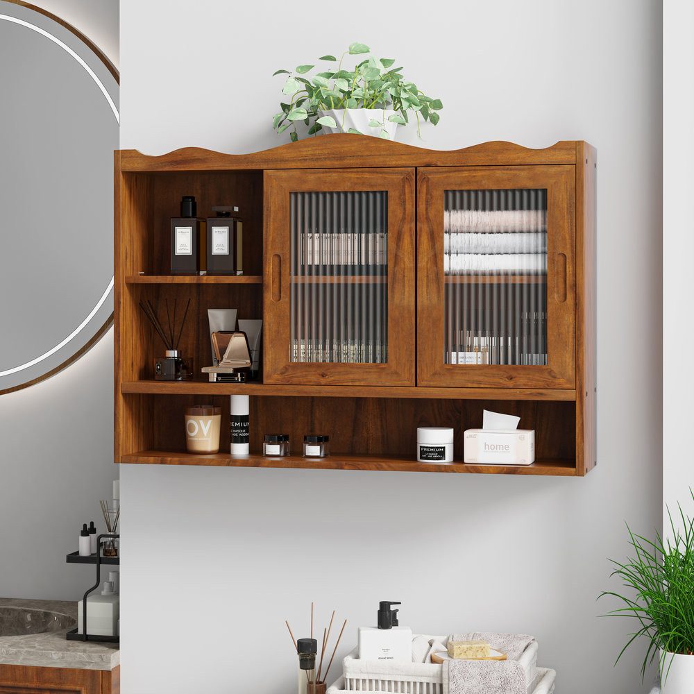 Odikalo Wandhängeschrank Hängevitrine Hängeschränke mit Stauraum, 90 cm breiter Retro-Wandschrank mit zwei Schiebetüren und drei Staufächern, geeignet für Badezimmer, Küchen und Esszimmer