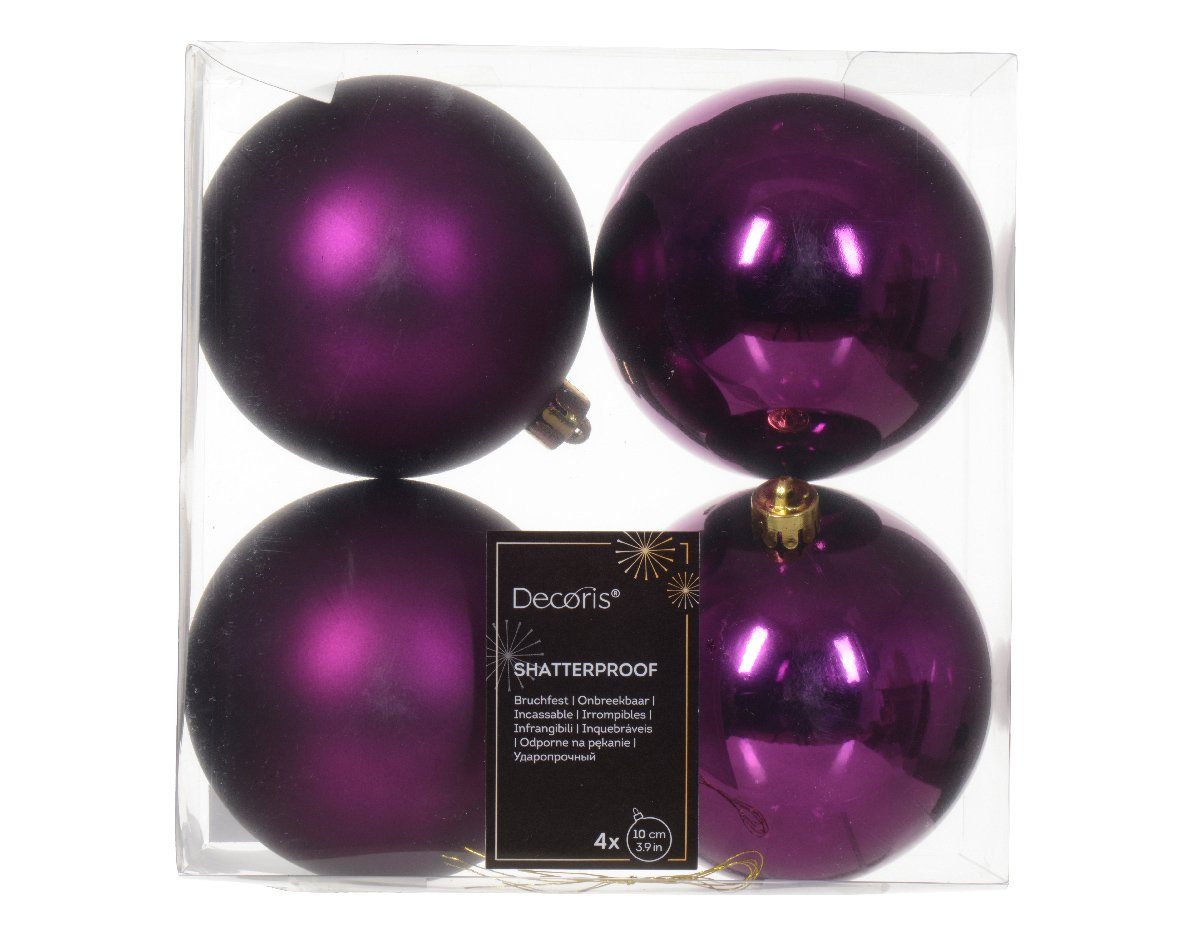 Decoris season decorations Weihnachtsbaumkugel, Weihnachtskugeln Kunststoff 10cm 4 Stück - Violett