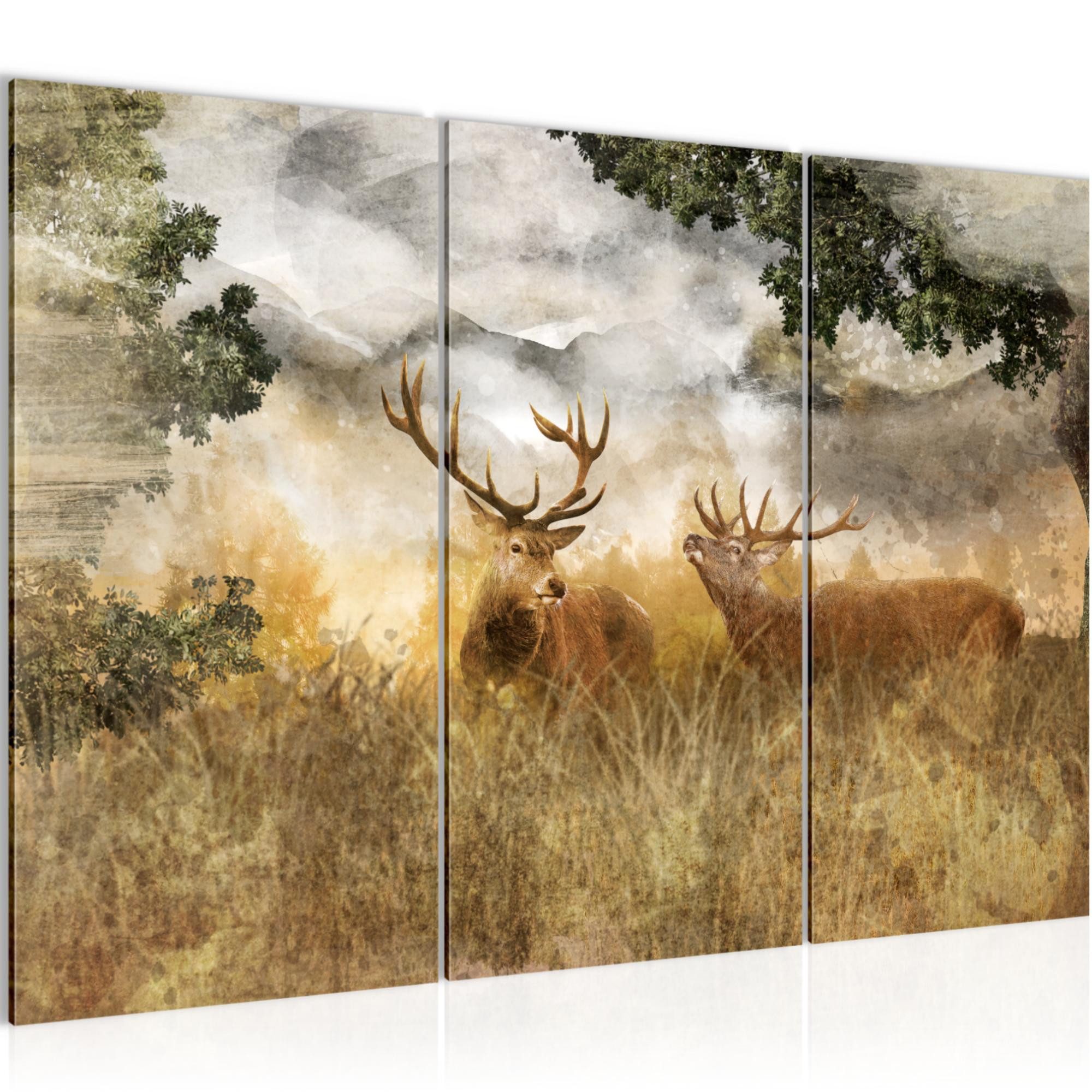 Runa Art Wandbild Hirsch Natur Bild Schlafzimmer Braun Hirschmotiv 120 x 80 cm 011431a, 40 x 80 cm - 3 Bilder