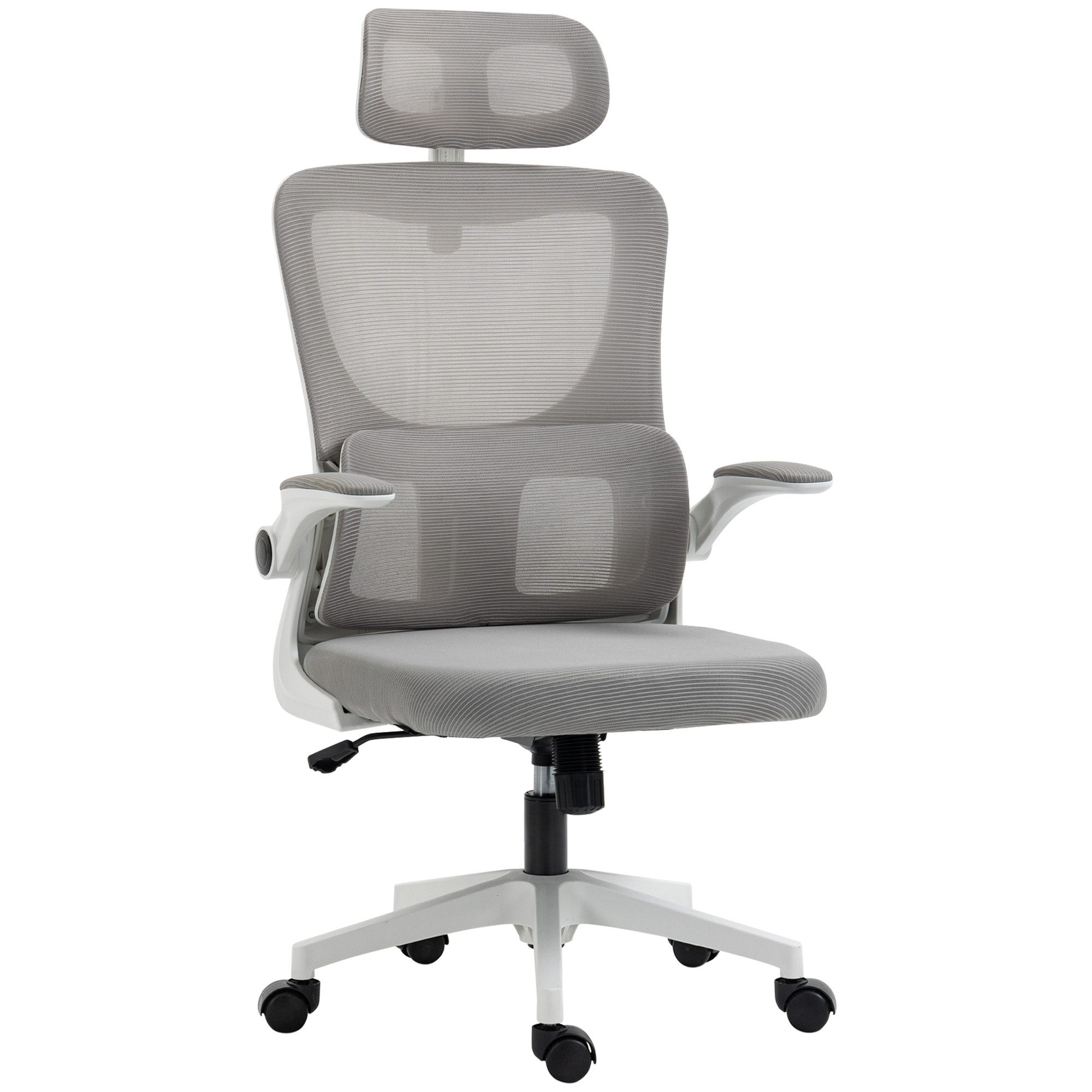 Vinsetto Bürostuhl Ergonomisch, Schreibtischstuhl mit Verstellbar Armlehne (Drehstuhl, 1 St), Computerstuhl mit Lendenstütze, Mesh, Grau