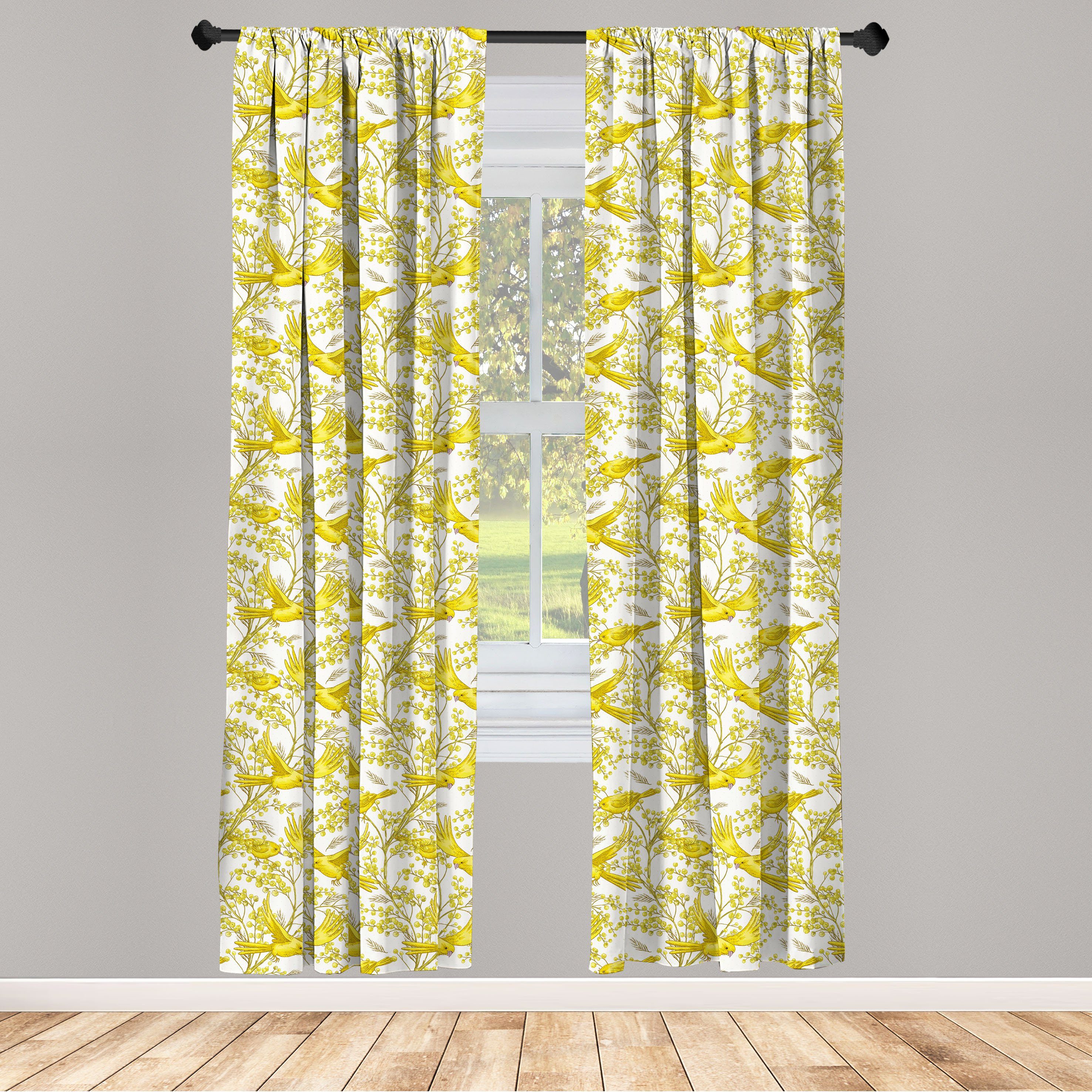 Gardine Vorhang für Wohnzimmer Schlafzimmer Dekor, Abakuhaus, Microfaser, Frühling Sommer Mimosa und Vogel-Kunst