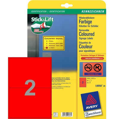 Avery Zweckform Etiketten 40x Etiketten Wiederablösbar Rot DIN A5, Selbstklebend Hinweis-Schilder Warn-Aufkleber für A4 Drucker