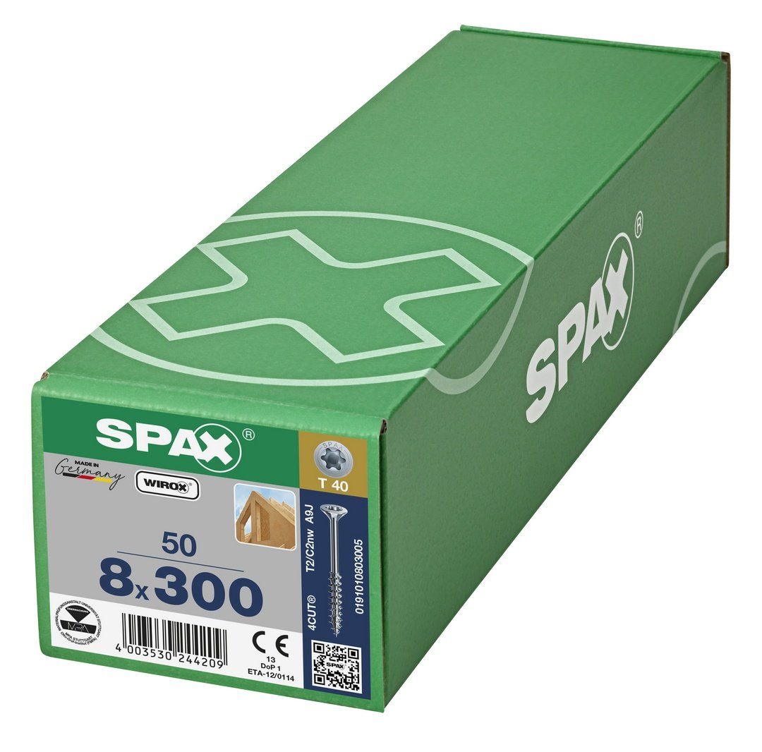 SPAX Spanplattenschraube Holzbauschraube, (Stahl weiß St), 8x300 verzinkt, 50 mm