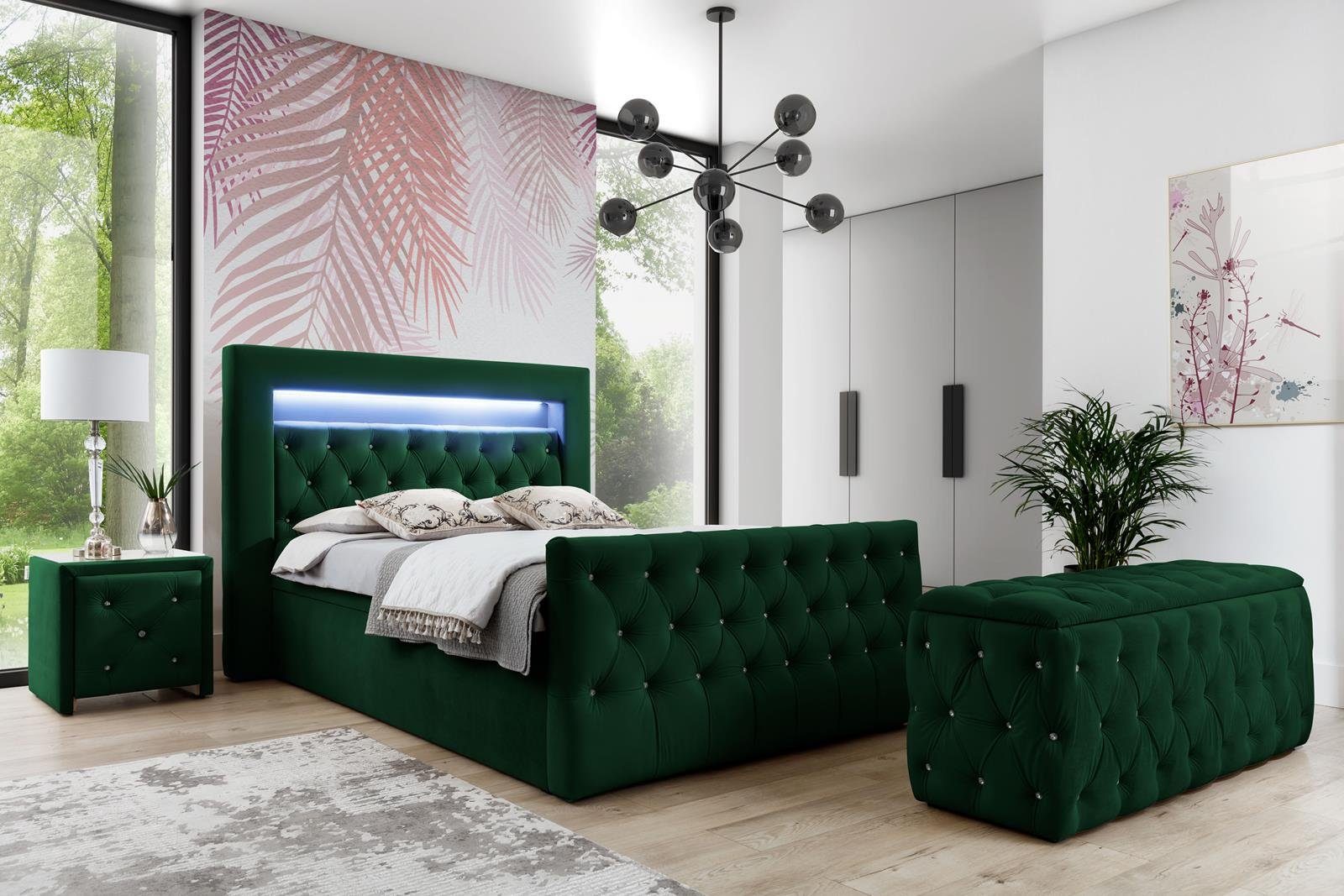 Beautysofa Boxspringbett Singa LED (mit Hauptmatratze und Topper, mit LED-Beleuchtung), Polsterbett mit zwei Bettkästenf ür die Bettwäsche grün (slow motion 39)