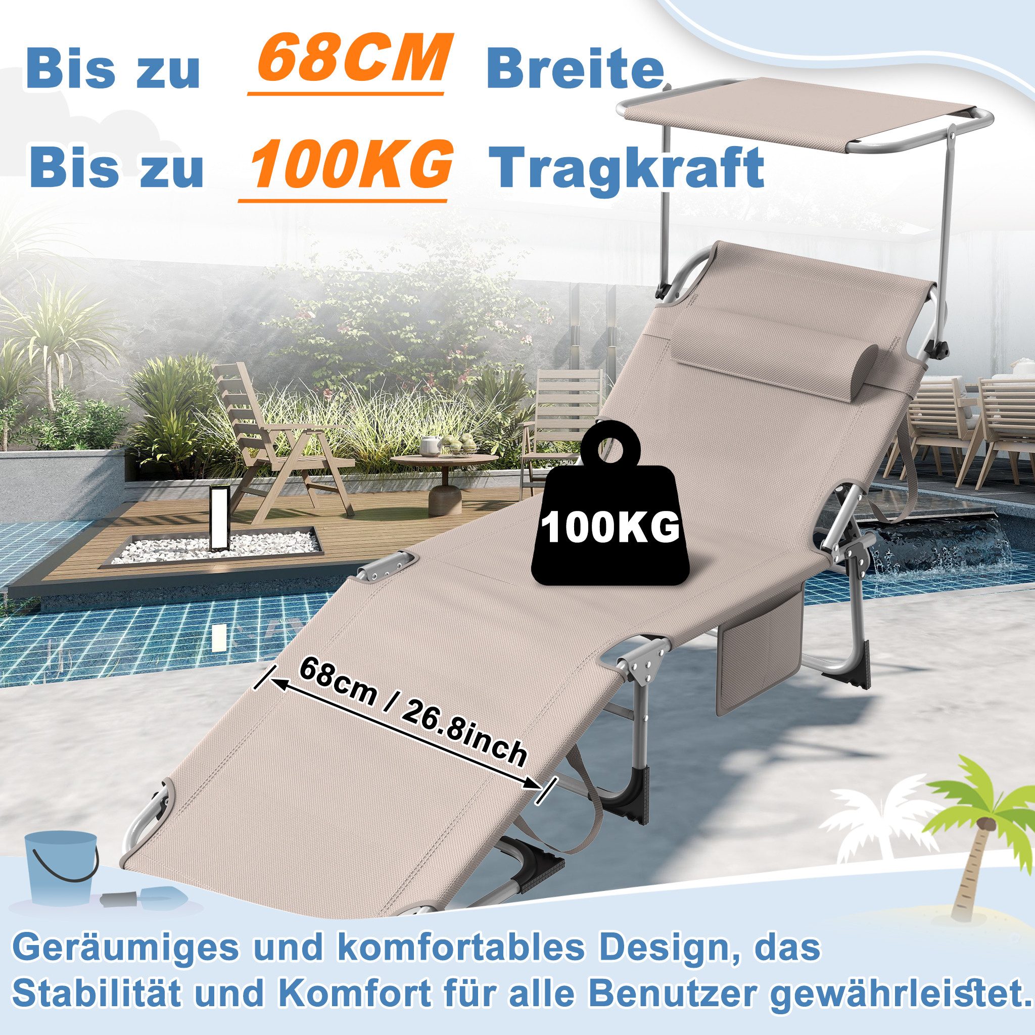 FIVMEN Gartenliege Sonnenliege Liegestuhl Garten Balkon Mit Sonnenschutz Klappbar Leicht, 1 St., Terrassen Liege Mit Dach Kopfkissen Tragegriffe Seitentasche – Bild 5 von 5