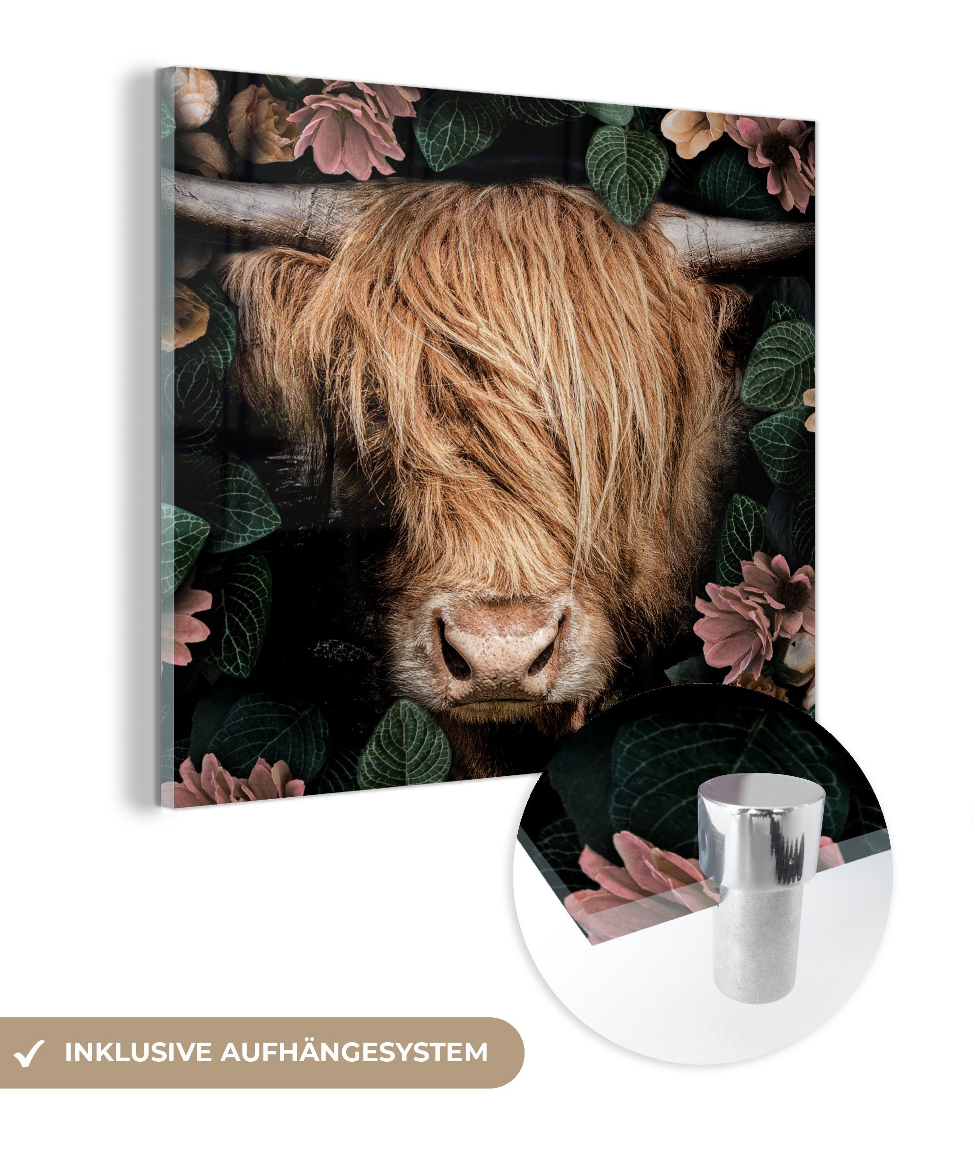 MuchoWow Acrylglasbild Schottischer Highlander - Blumen - Kuh, (1 St), Glasbilder - Bilder auf Glas Wandbild - Foto auf Glas - Wanddekoration