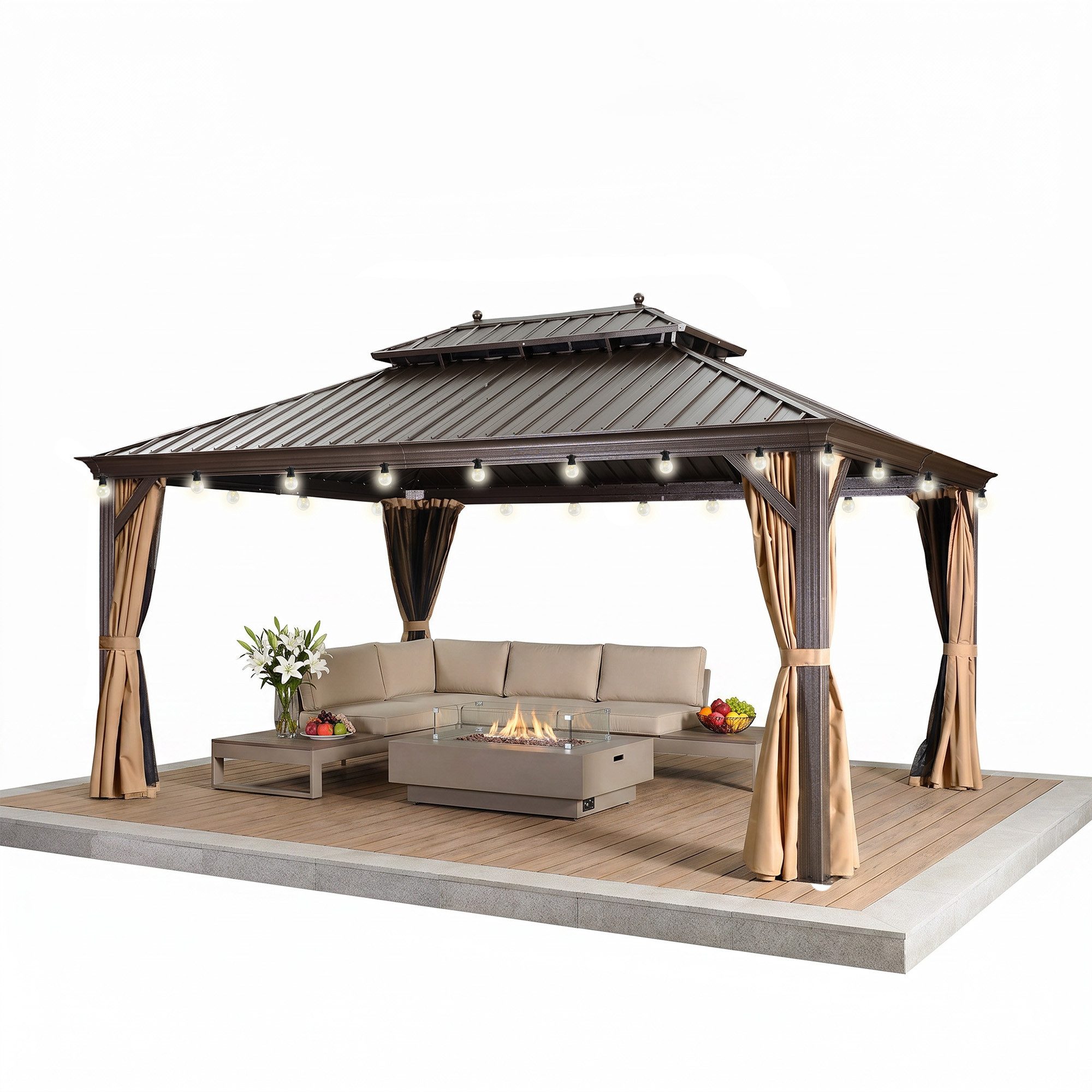 PURPLE LEAF Pavillon Hardtop Alu Gartenpavillon mit Seitenteilen und LED-Beleuchtung, (1 Pavillon + LED-Licht, Vorhängen und Moskitonetz), Wasserdicht, UV-beständig, Privatsphärenschutz